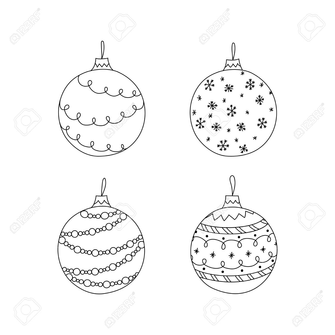 Vector Set Of Hand Drawn Christmas Ball Toy. Christmas Coloring - Vector Set Of Hand Drawn Christmas Ball Toy. Christmas Coloring