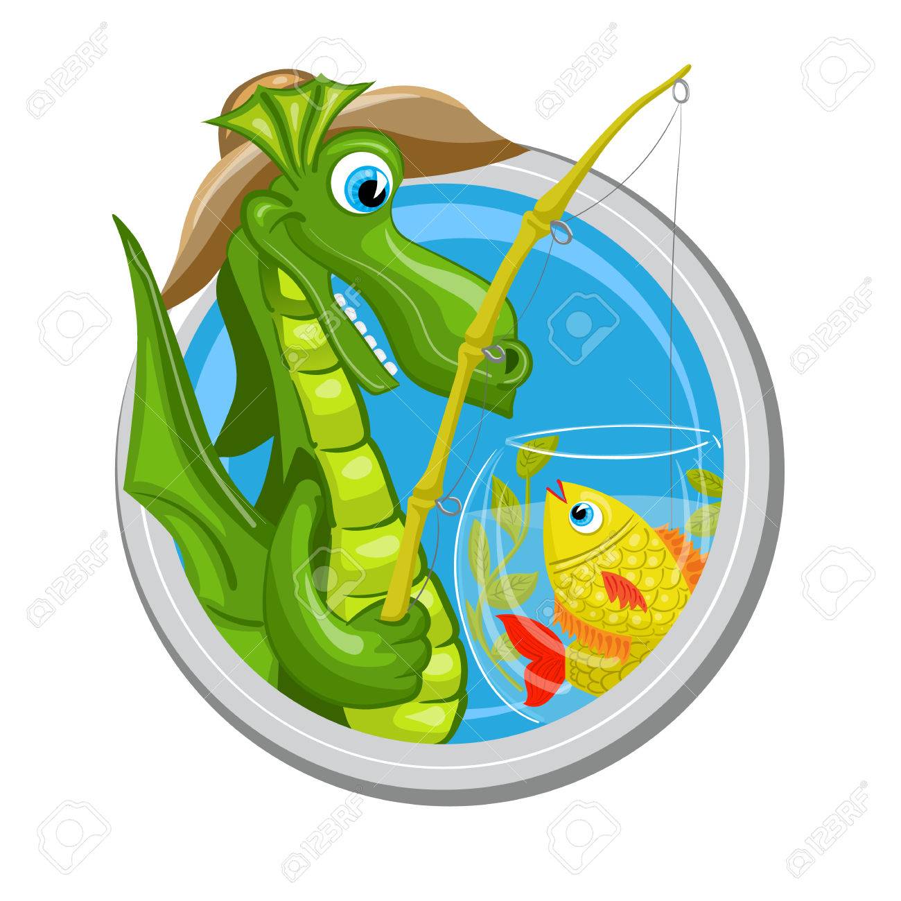 うお座 星座 星占い ドラゴンの漁師は魚を水族館で魚釣りのイラスト素材 ベクタ Image
