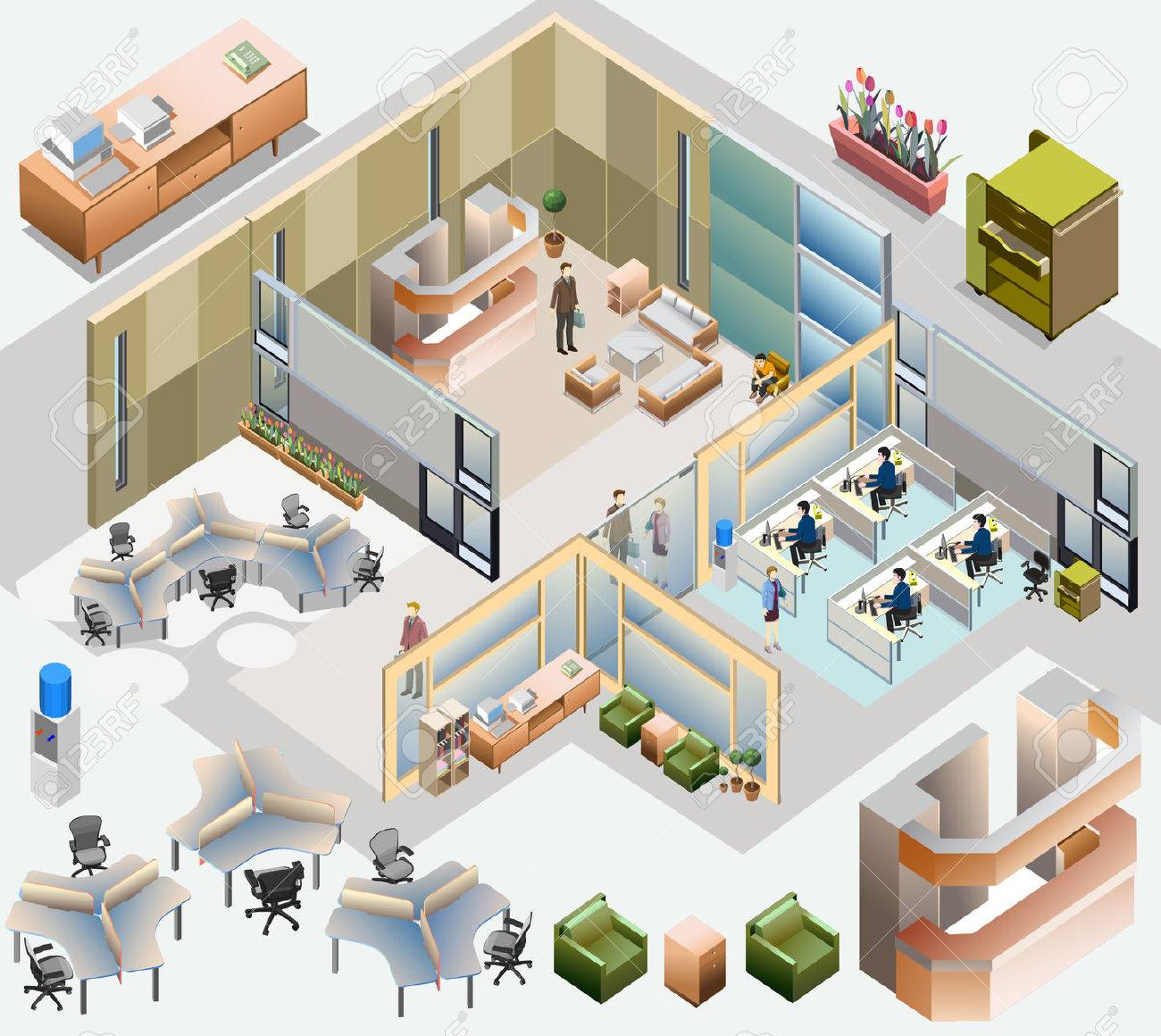 office isometric with completed workstation, meeting room, receptions, lobby, include business people, activity - 29246268 office isometric with completed workstation, meeting room, receptions, lobby, include business people, activity - 29246268