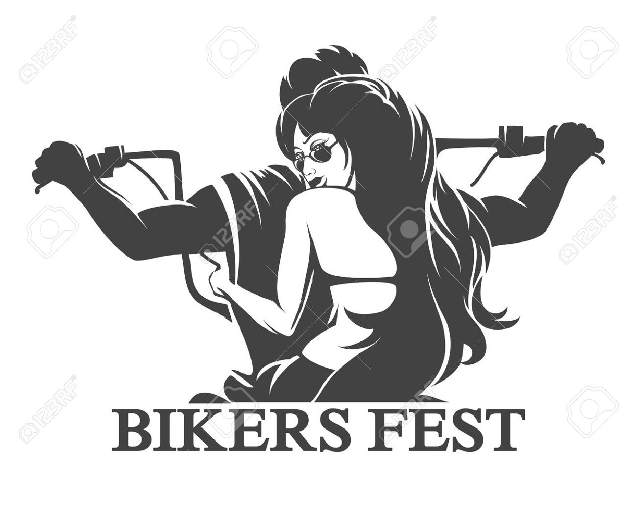 エンブレムやバイカー祭りのラベル 若い男と女 バイクに乗る 無料フォントだけが使用されます 白い背景上に分離 のイラスト素材 ベクタ Image