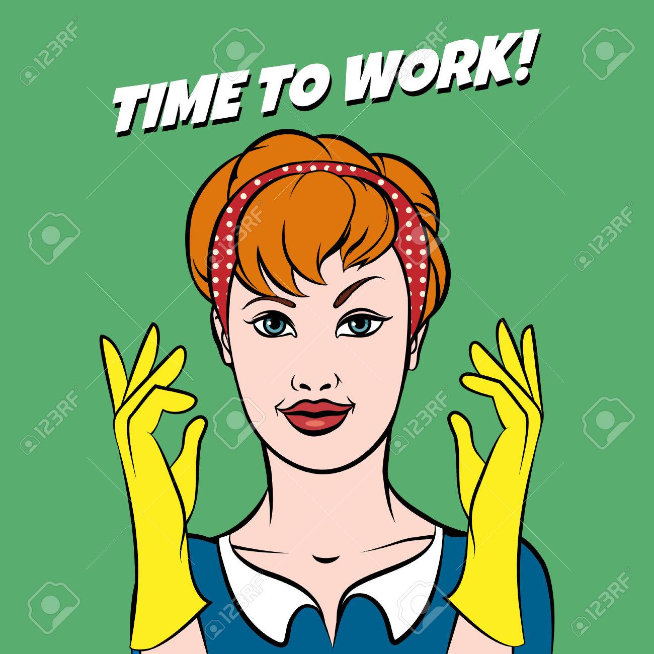 Young Girl With Protective Glowes And Lettering Time To Work Royalty Free Cliparts Vectors And Stock Illustration Image