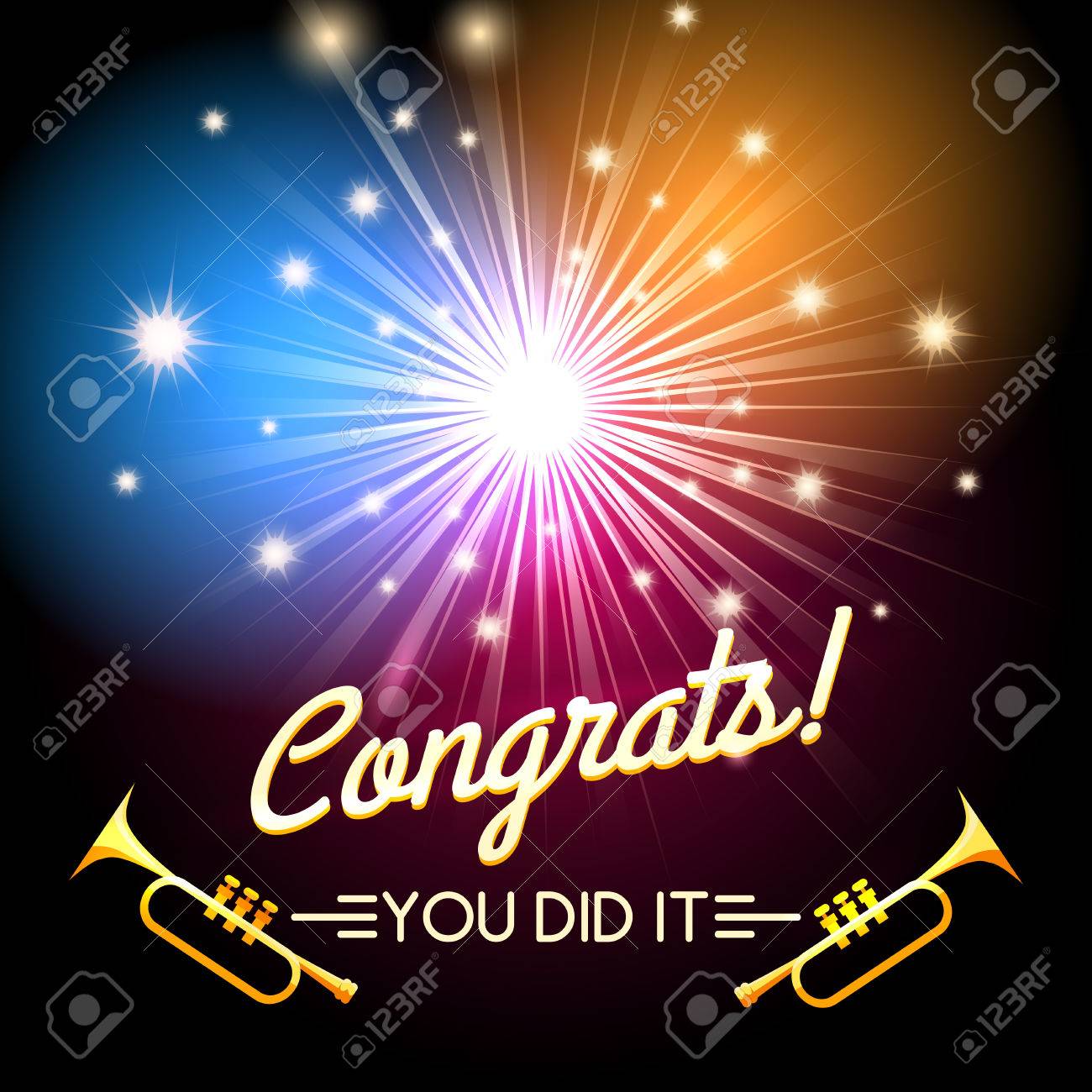 congratulations card with firework and trumpets free font used