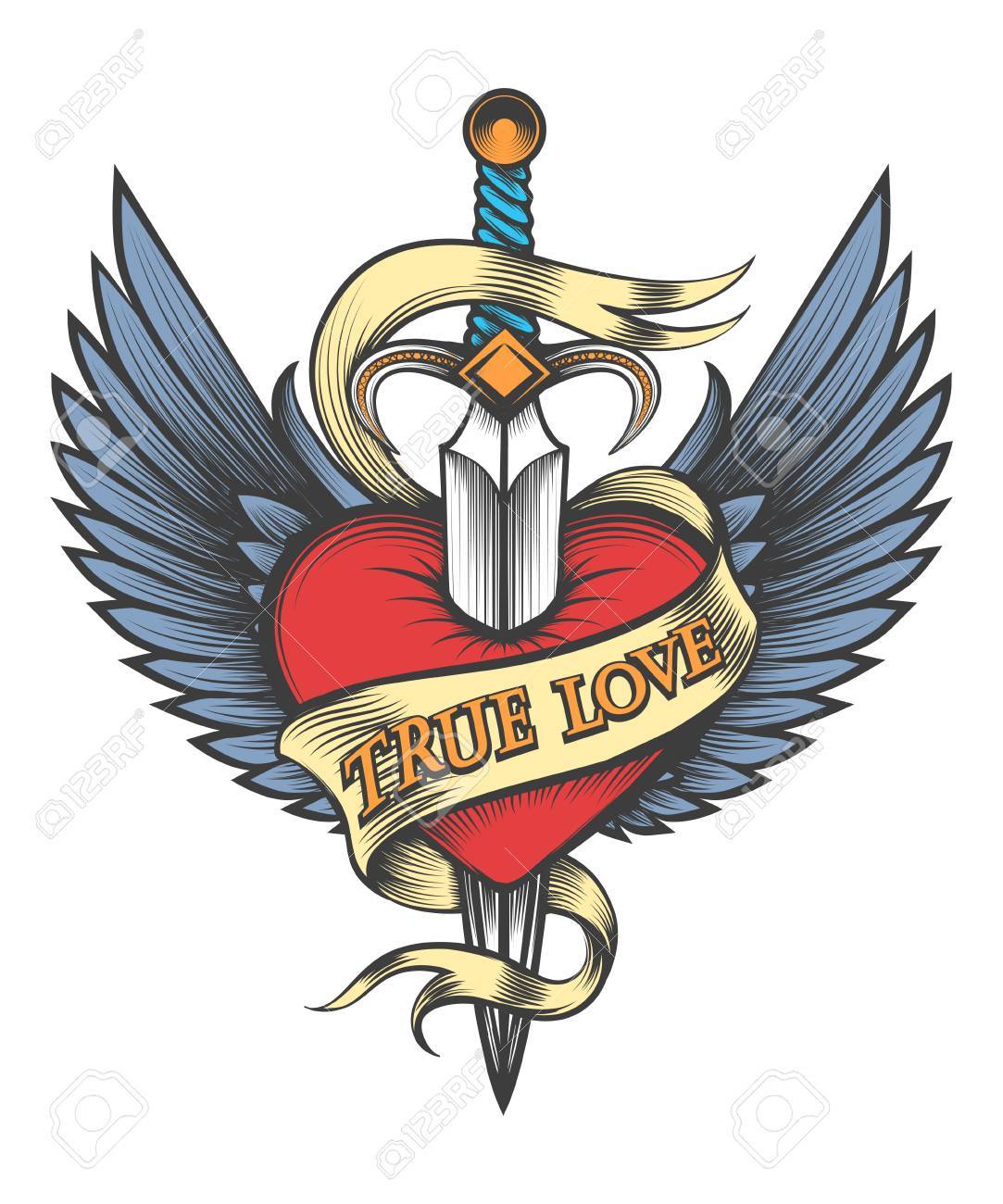 Herz Mit Flugeln Durchbohrt Von Dolch Und Band Mit Schriftzug True Love In Tattoo Stil Gezeichnet Vektor Illustartion Lizenzfrei Nutzbare Vektorgrafiken Clip Arts Illustrationen Image 90192829