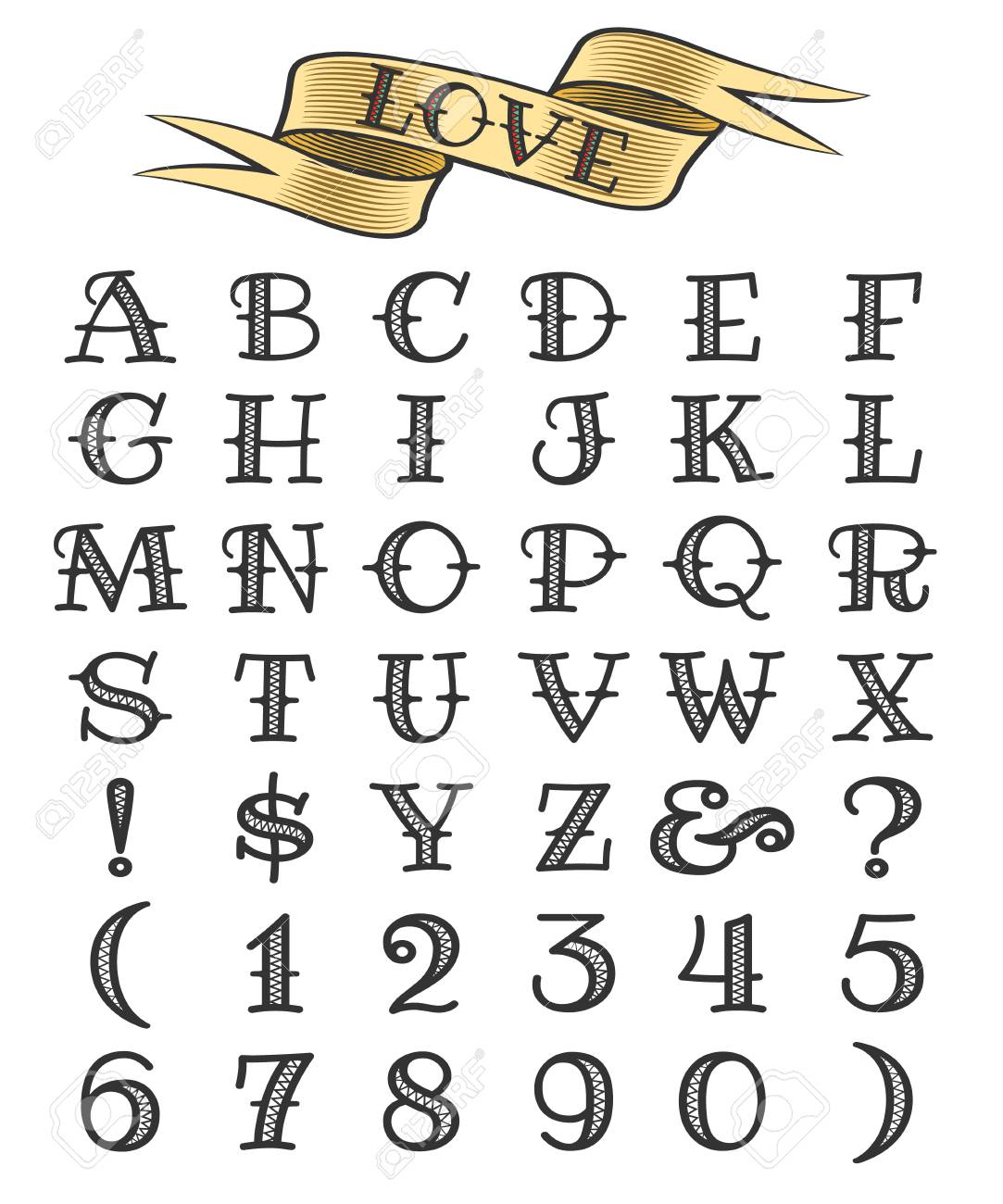 Set of tattoo style letters and numbers, alphabeth for your tattoo design. - 95366175 Set of tattoo style letters and numbers, alphabeth for your tattoo design. - 95366175