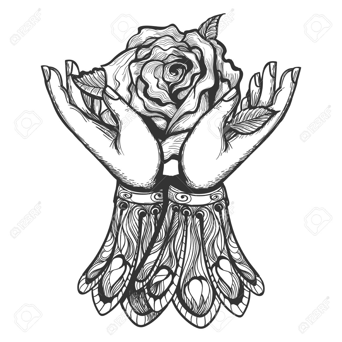 Human Hands Holding Rose Flower Drawn In Dark Romance Tattoo