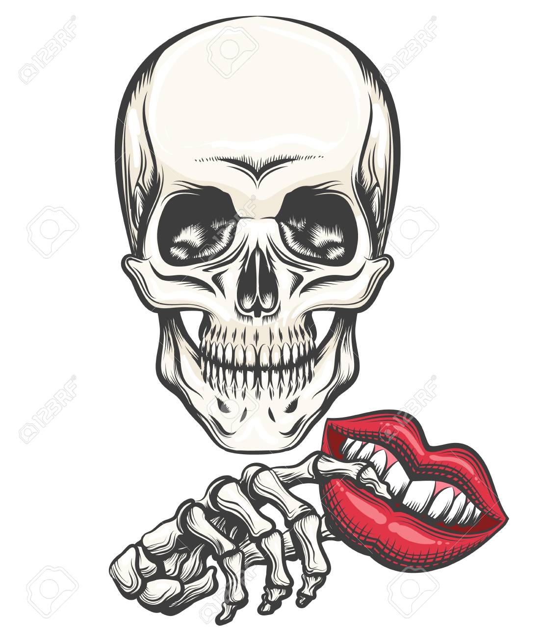 Human Skull And Toy Lips In Skeleton Hand Drawn In Tattoo Stytle Vector Illustration Royalty Free Cliparts Vectors And Stock Illustration Image