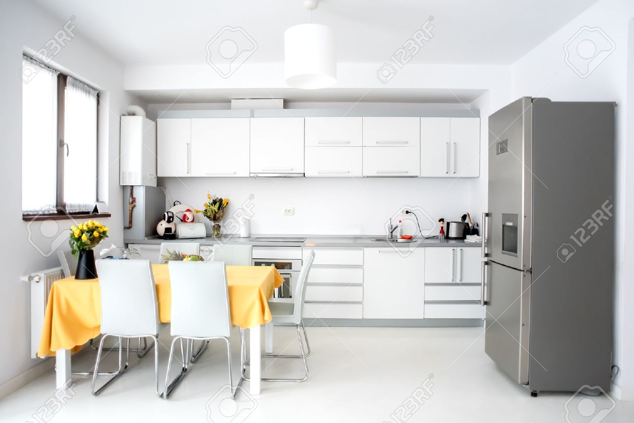 Interior Design, Modern And Minimalist Kitchen With Appliances ... Interior Design, Modern And Minimalist Kitchen With Appliances ...