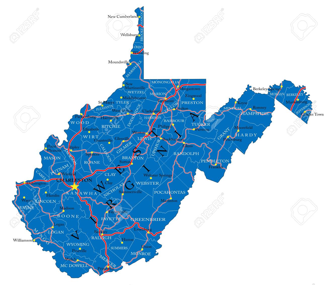 Wv County Map With Roads Detailed Map Of West Virginia State,In Vector Format,With County Borders, Roads And Major Cities. Royalty Free Svg, Cliparts, Vectors, And Stock  Illustration. Image 147398399.