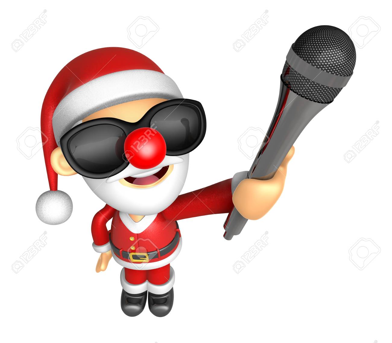 Disegni Di Natale 3d.Immagini Stock Indossare Occhiali Da Sole Personaggio 3d Santa E In Possesso Di Un Microfono Serie Di Disegni Di Carattere Di Natale 3d Image 83209727