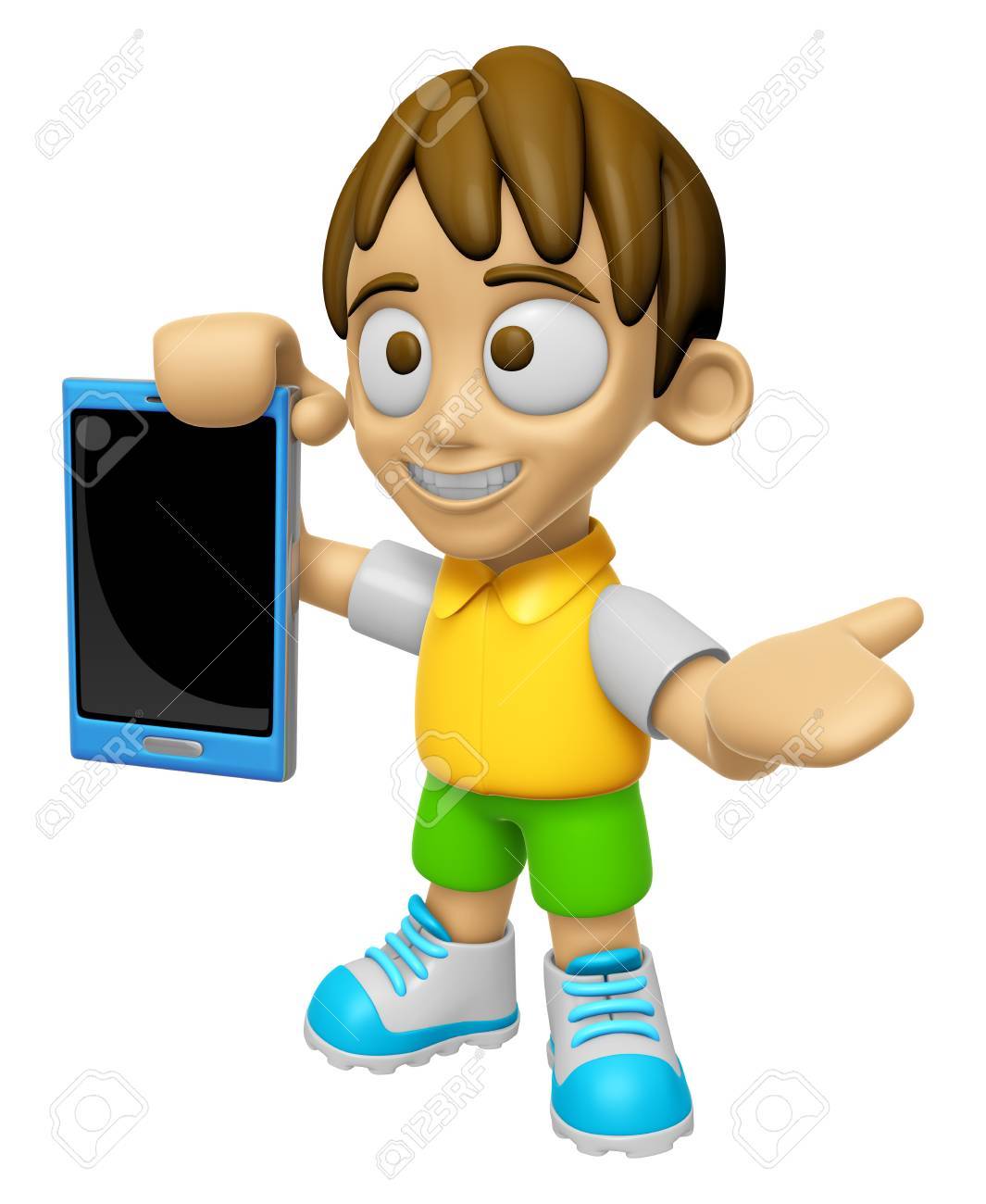 3d Mascotte Enfant Les Mains Droites Droit Et La Main Gauche Tenant Un Telephone Intelligent Travail De Travail Et Le Travail De Conception De