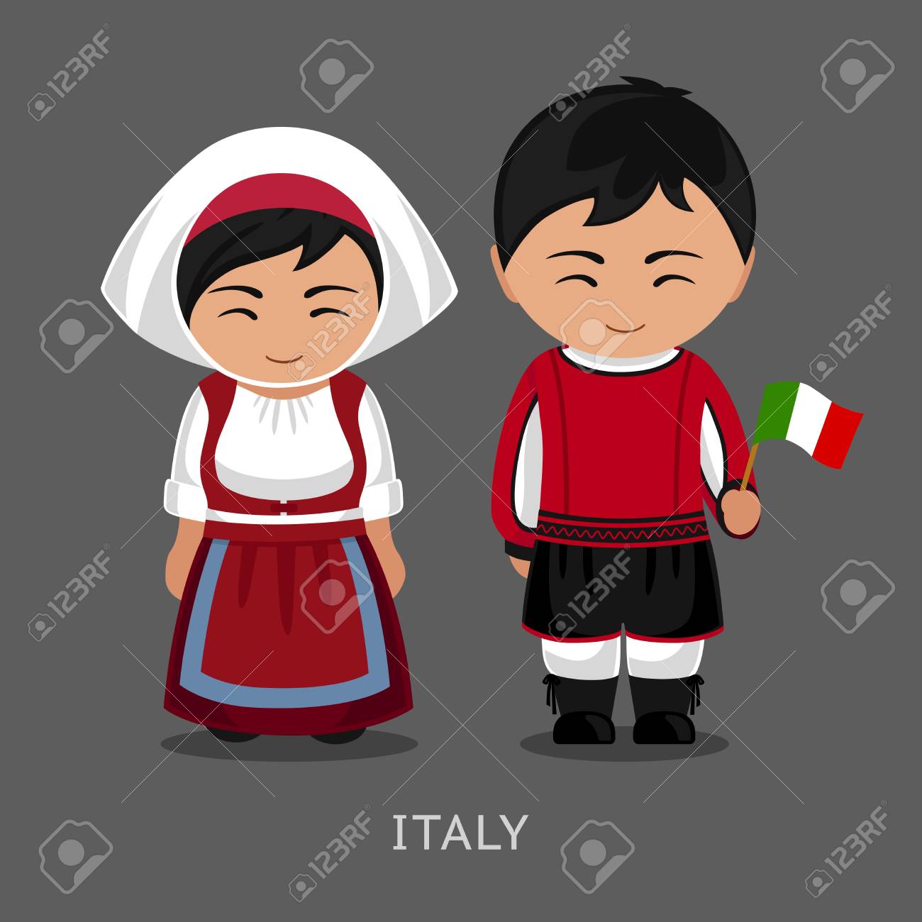 国旗を持つ国民服を着たイタリア人 伝統的な衣装を着た男女 イタリアへの旅行 人々 ベクター フラットの図 のイラスト素材 ベクタ Image