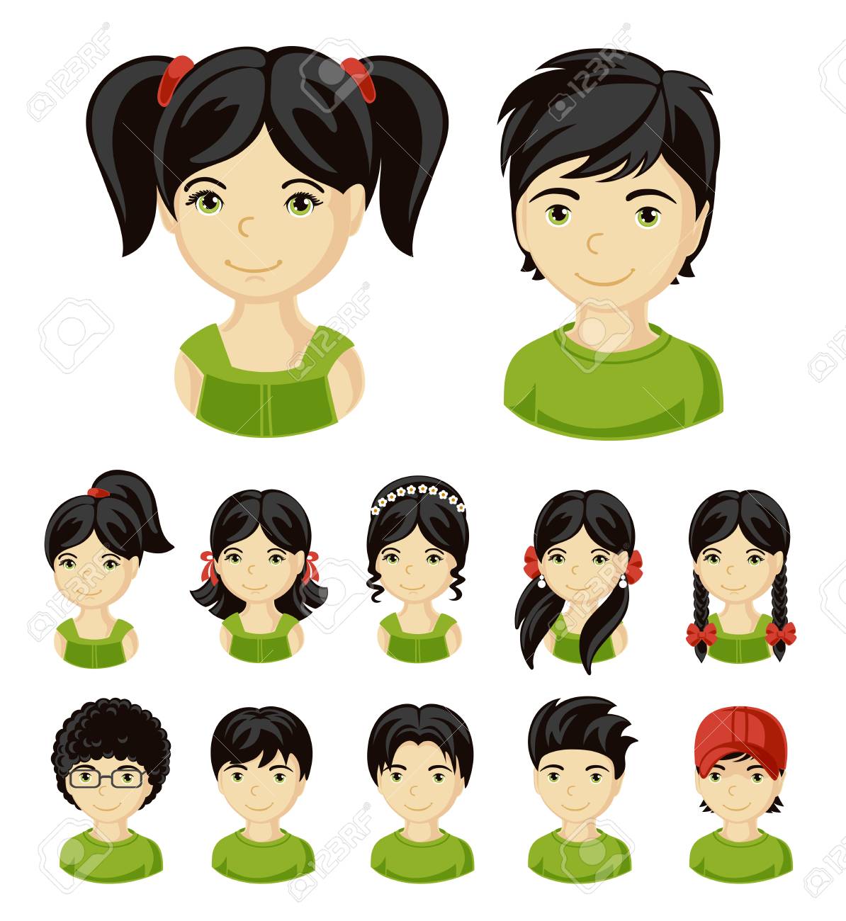 Children Face Set Vector Illustration Set Of Different Avatars Of Black Haired Boys And Girls On A White Background Collection Of Portraits Kids Vector Illustration Royalty Free Cliparts Vectors And Stock Illustration Image