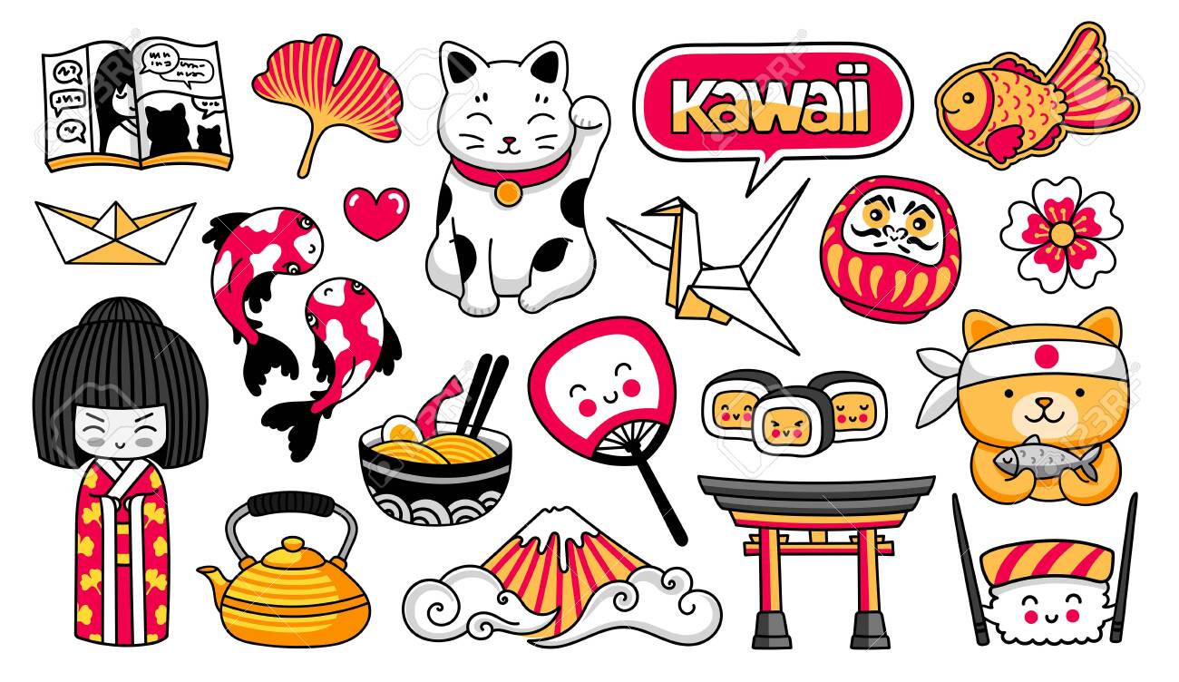Вектор - Kawaii japanese girl, maneki-neko, carps, origami, fuji, sushi, ma...