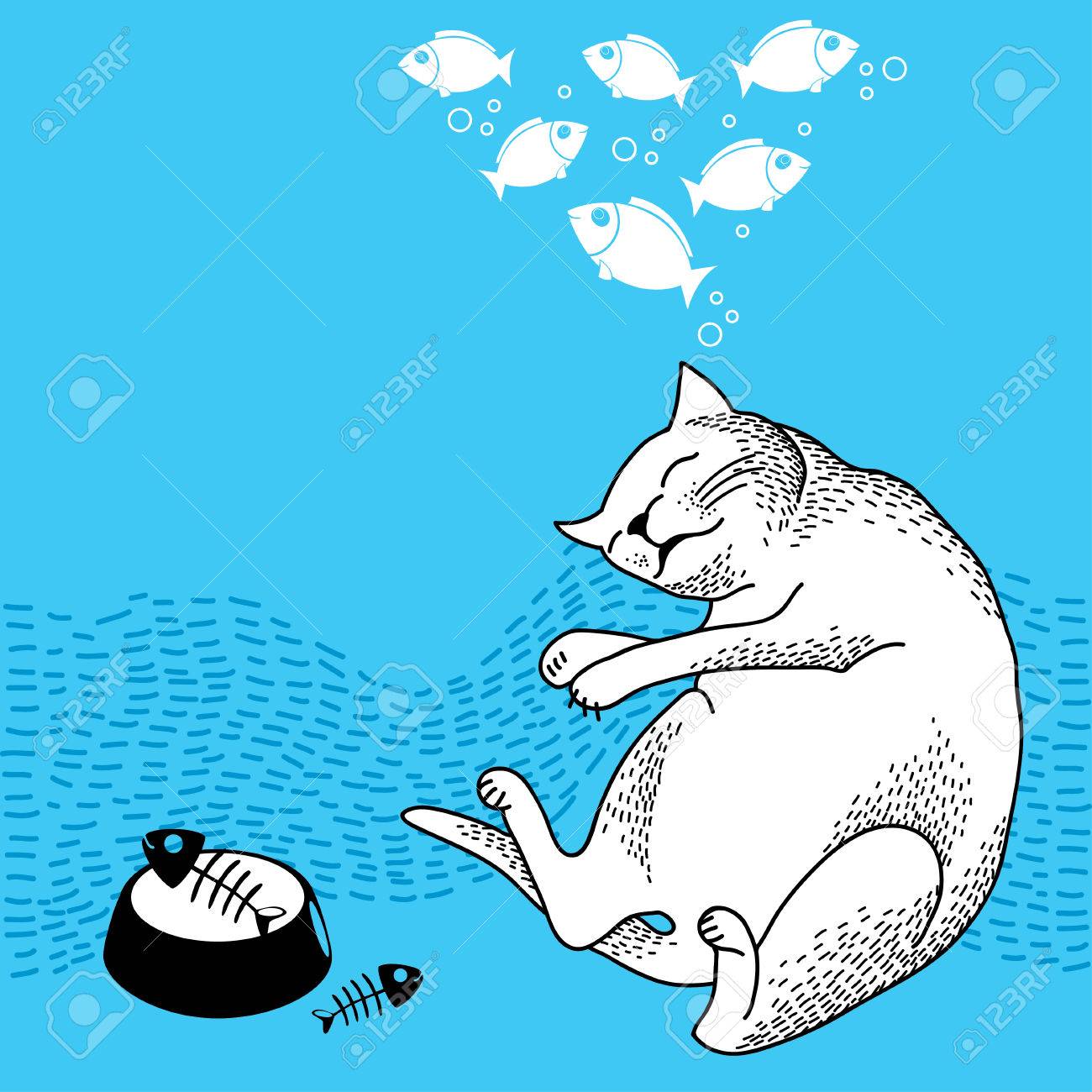 青の背景に魚が付いているボール近くに面白い夢を見る猫 コミック猫のシリーズのイラスト素材 ベクタ Image