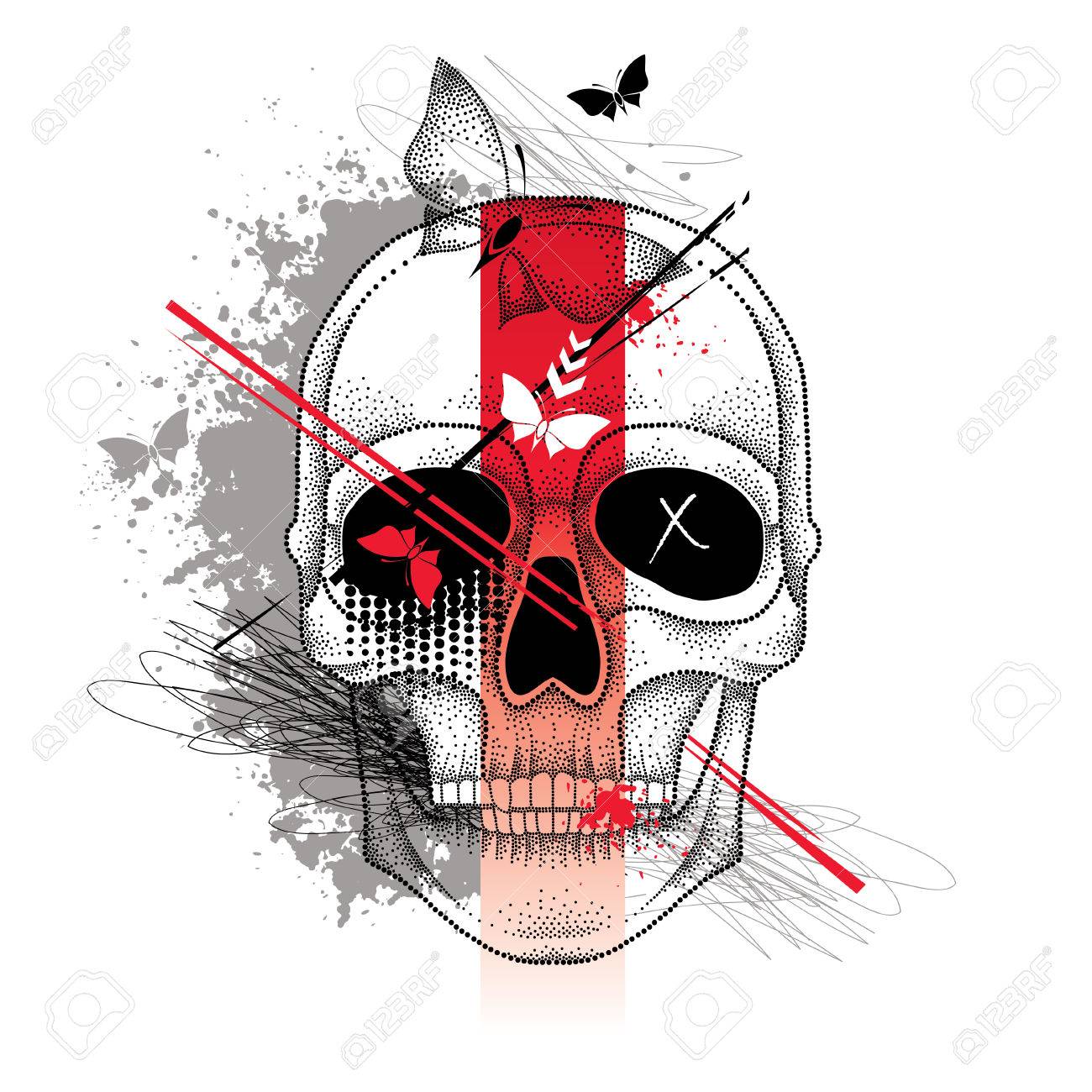 ベクトル図点線頭蓋骨 抽象的な線 蝶 赤と黒は 白で隔離に滲む おしゃれなゴミ箱水玉模様と Dotwork スタイルのタトゥーをスケッチします タトゥー のデザイン のイラスト素材 ベクタ Image