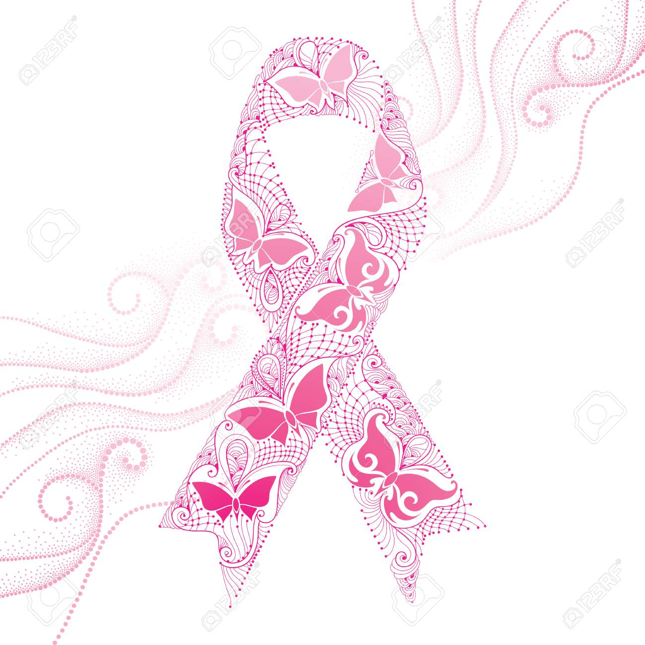蝶と白い背景の上の点線の渦巻きレース ピンク リボン付きベクトル