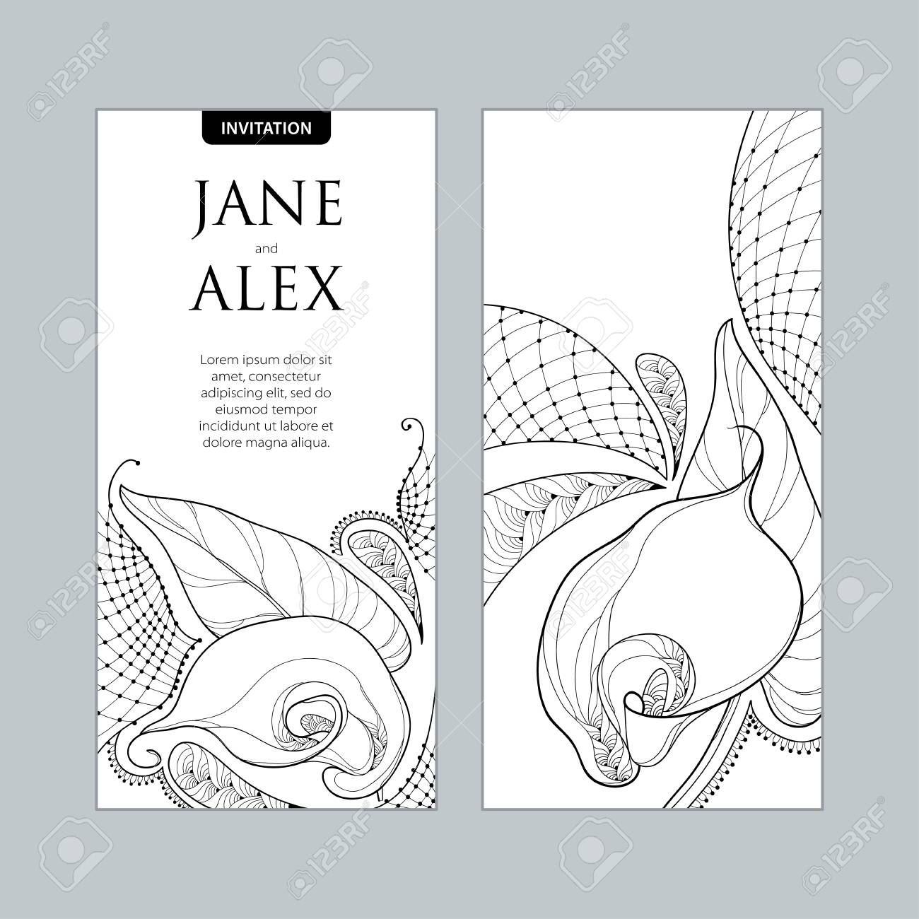wedding invitation with outline bouquet calla lily flower or