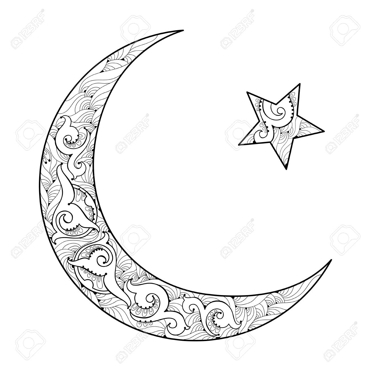 黒白い背景で隔離の三日月と星のシルエット ラマダンの輪郭のスタイルで華やかなモチーフとイスラムのシンボル ラマダン カリーム デザインや塗り絵のイスラムの装飾 のイラスト素材 ベクタ Image 7869