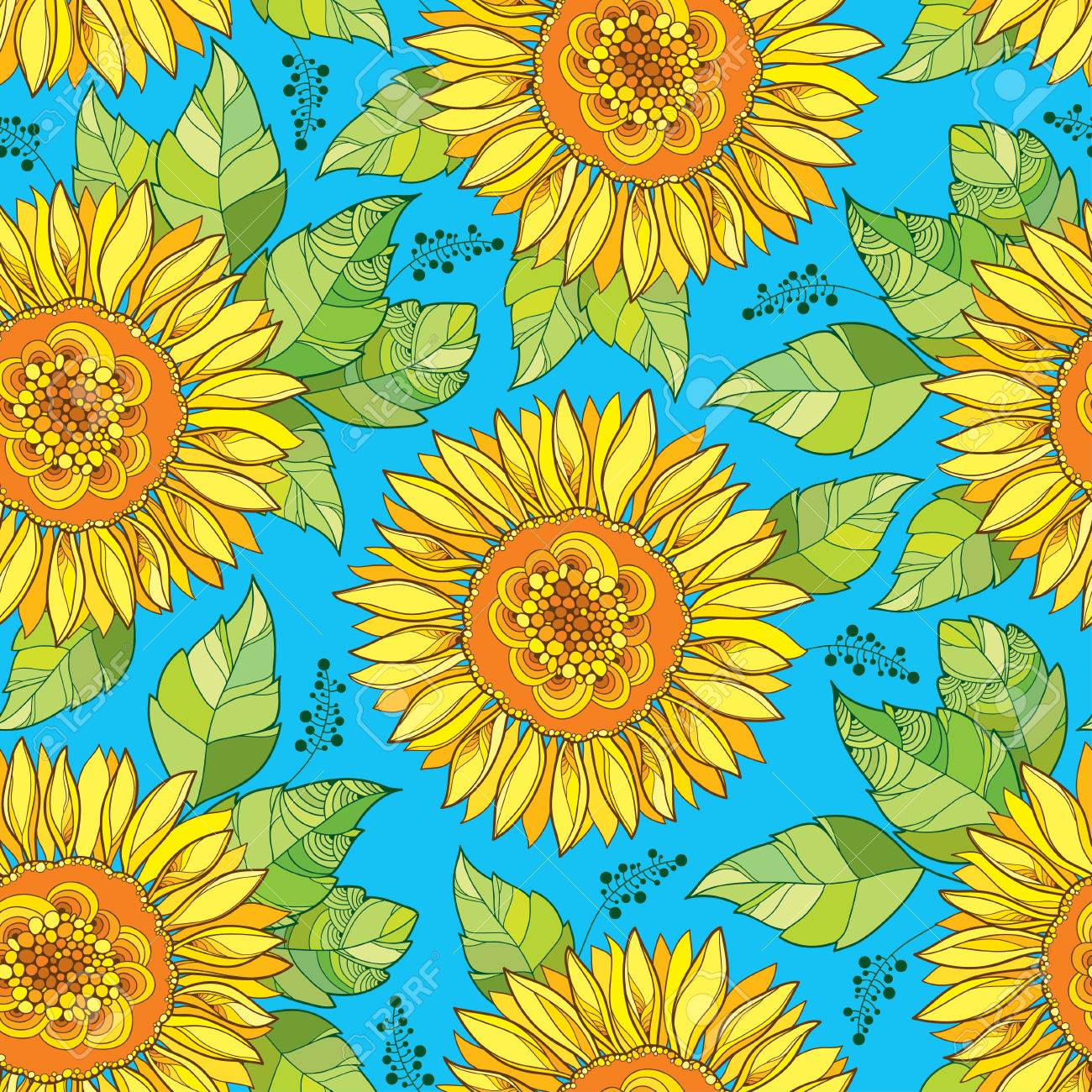 青い背景に黄色と緑の葉のアウトライン オープン ヒマワリやヒマワリの花とのシームレスなパターン 夏デザインの輪郭のスタイルで華やかなひまわりの花柄 のイラスト素材 ベクタ Image