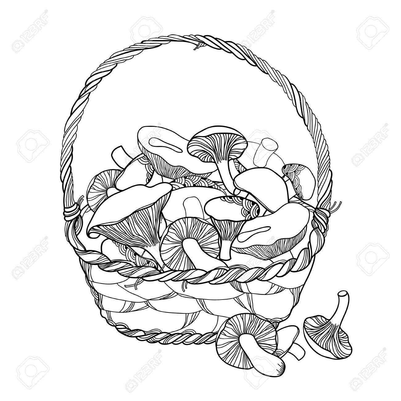 白い背景の分離された黒いきのこ森概要ウィッカー バスケット ポルチーニ アンズタケ ポルチーニ茸 秋デザインと塗り絵の輪郭のスタイルのベニタケ属のキノコ のイラスト素材 ベクタ Image