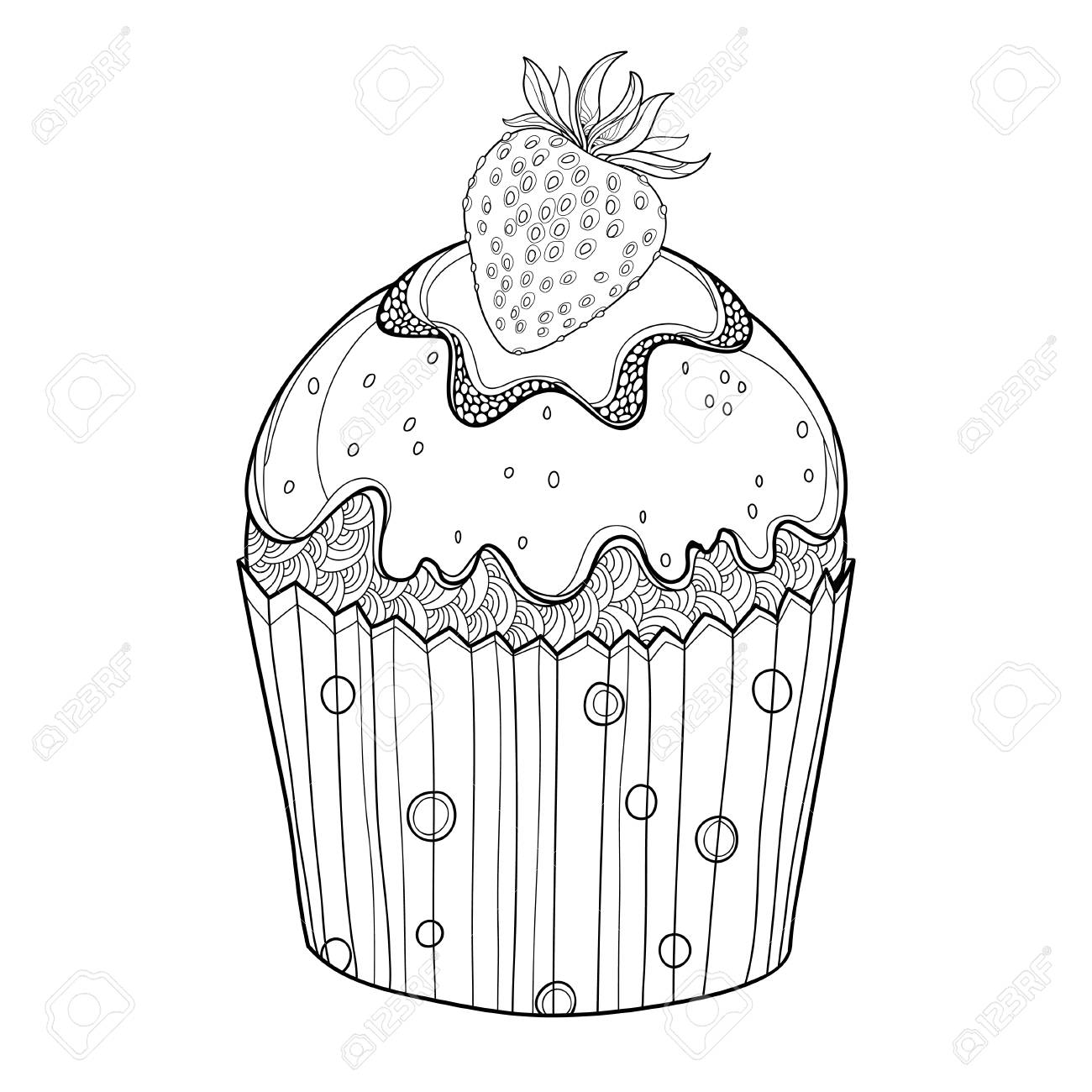 白い背景に分離された黒イチゴの熟したベリーのカップケーキを概説します 夏 甘い食べ物デザインやベーカリー 塗り絵の等高線スタイルでイチゴのケーキの図面 のイラスト素材 ベクタ Image 91311268