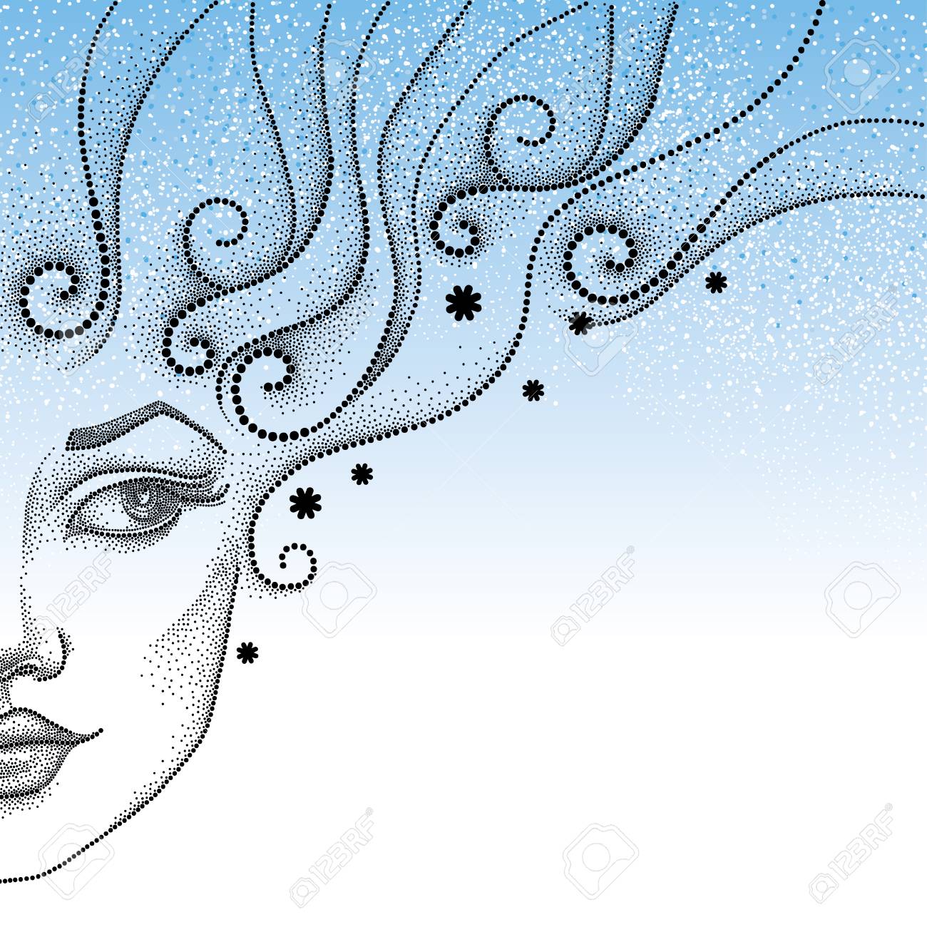 Drawing Of Half Dotted Beautiful Girl Face With Snowflake And
