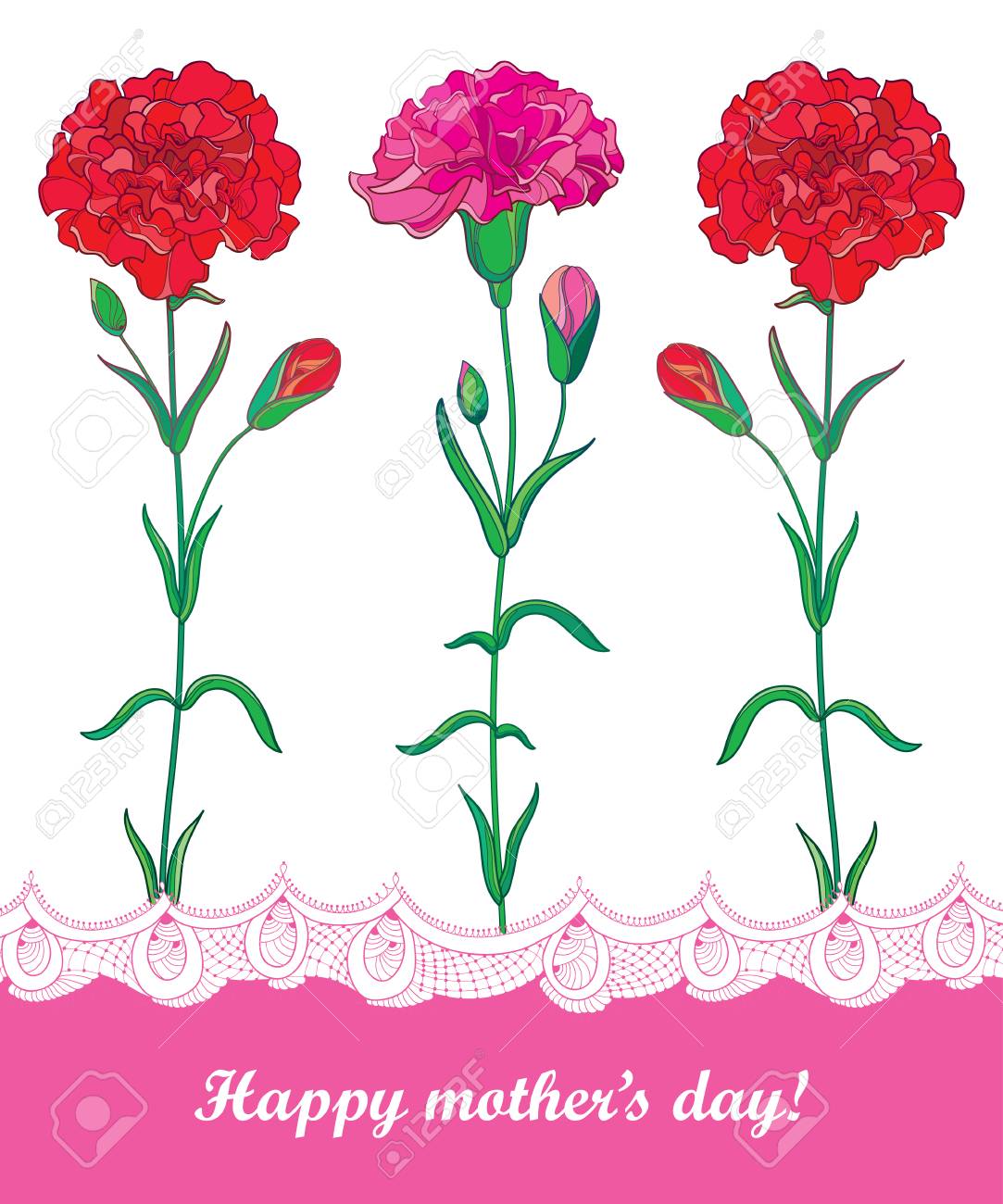 3つの赤いカーネーションやクローブの花と白とピンクの装飾的なレースと母の日のためのグリーティングカード のイラスト素材 ベクタ Image