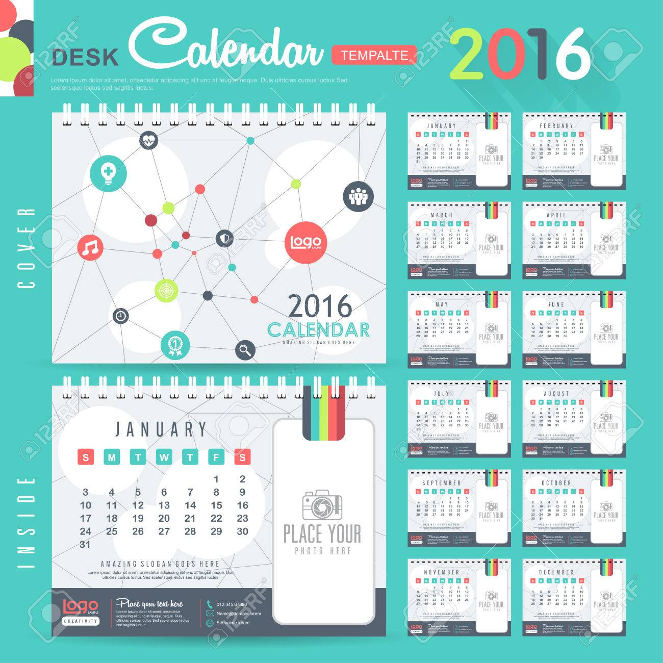 desk calendar 2016 vector design template with abstract pattern
