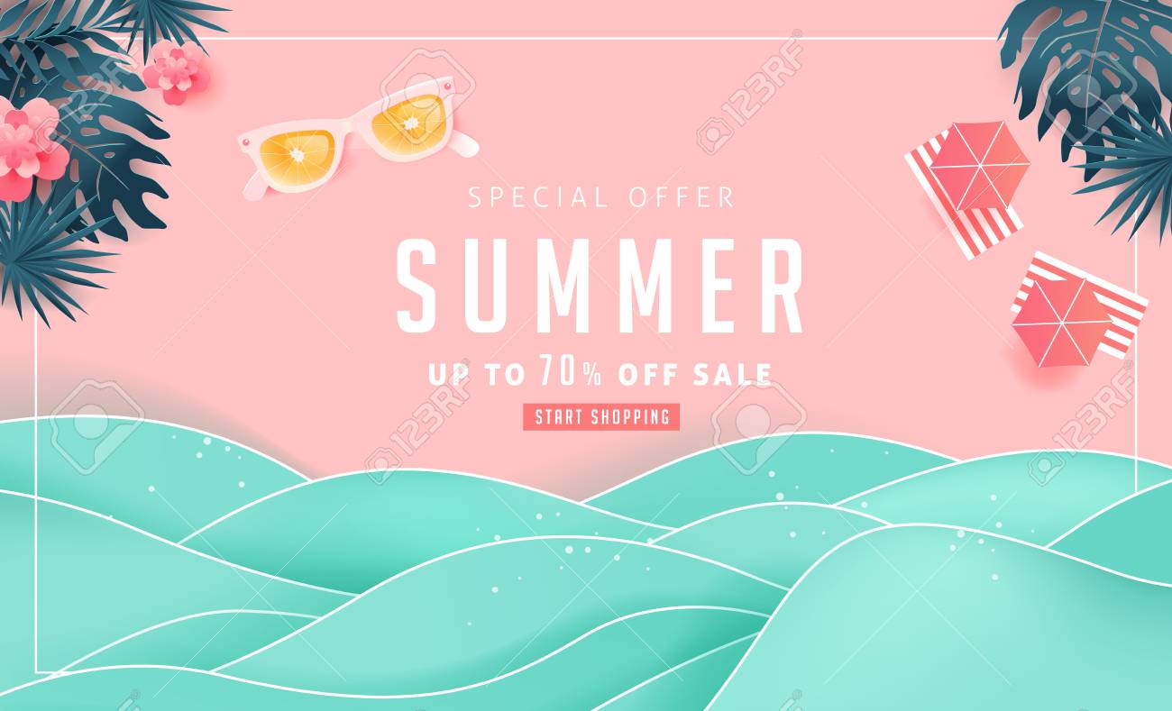 Summer sale design with paper cut tropical beach bright Color background layout banners .Orange sunglasses concept.voucher discount.Vector illustration template. - 104099100 Summer sale design with paper cut tropical beach bright Color background layout banners .Orange sunglasses concept.voucher discount.Vector illustration template. - 104099100