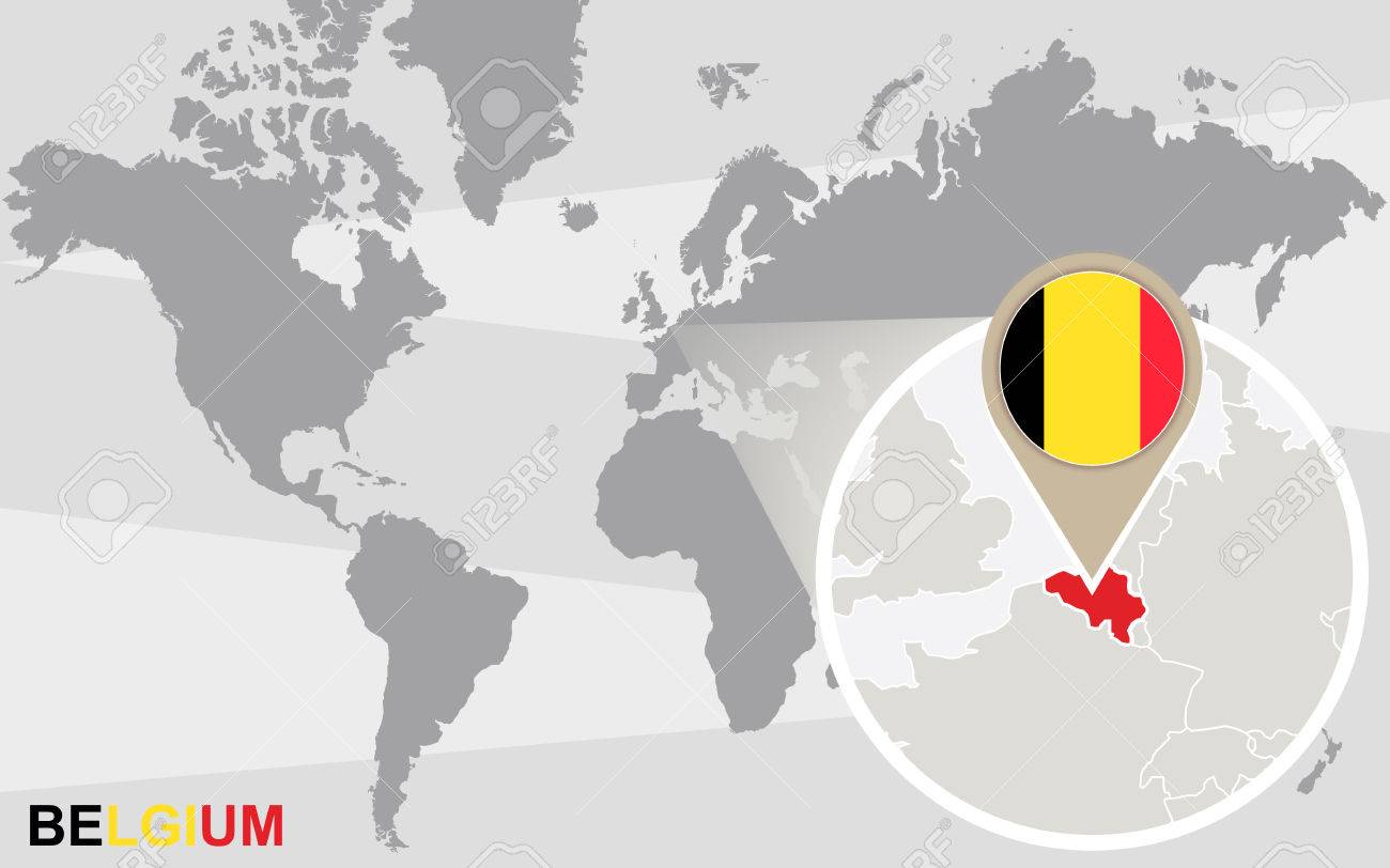 vector world map with magnified belgium belgium flag and map