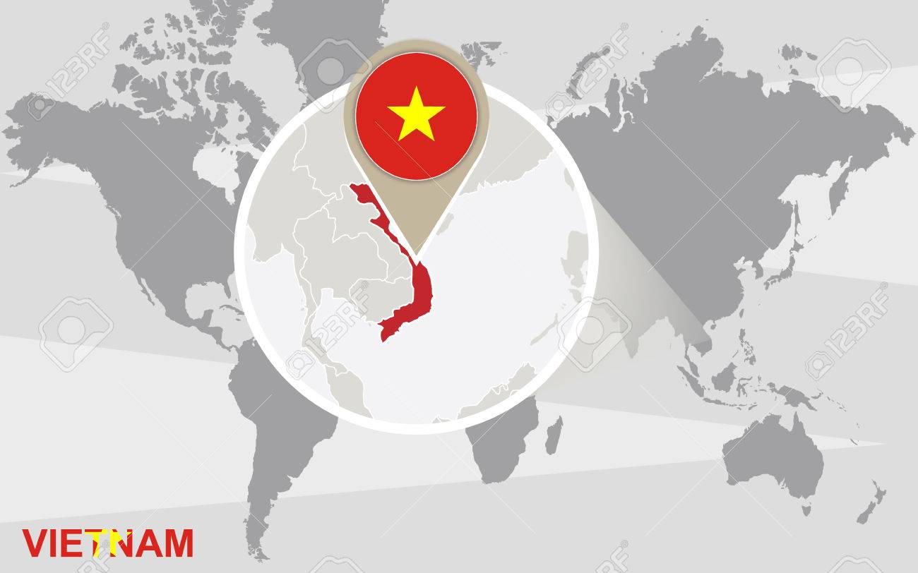 世界地図拡大ベトナムに ベトナムの旗 地図 のイラスト素材 ベクタ Image