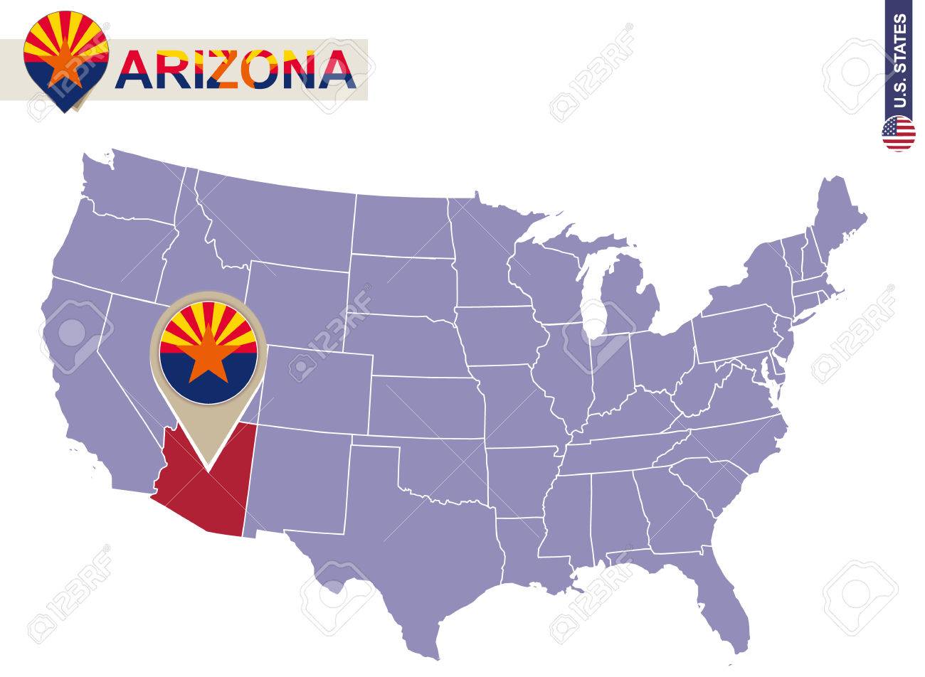 米国のマップのアリゾナ州 アリゾナ州の旗 地図 米国の州 のイラスト素材 ベクタ Image