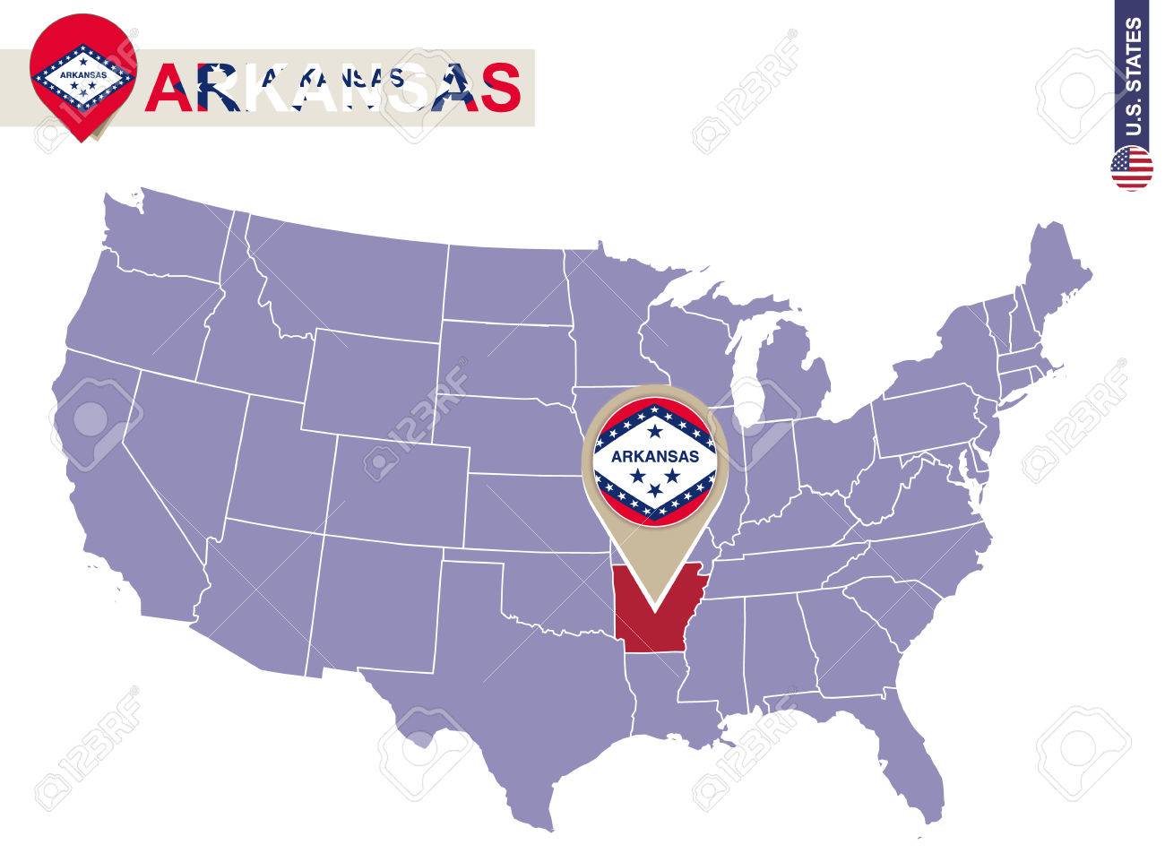 Arkansas On Us Map Arkansas State On Usa Map. Arkansas Flag And Map. Us States. Royalty Free  Cliparts, Vectors, And Stock Illustration. Image 54503656.