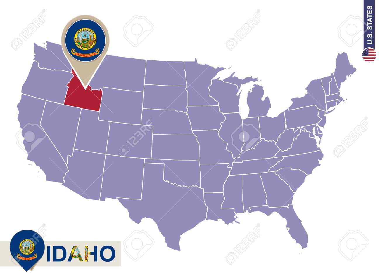 Idaho State Map Usa Idaho State On USA Map. Idaho Flag And Map. US States. Royalty 