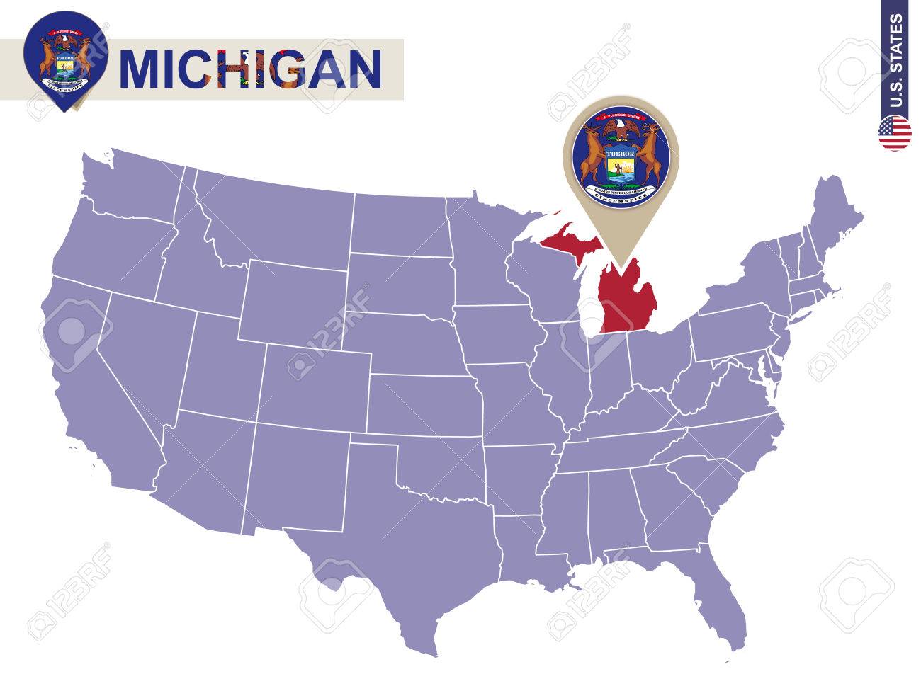 michigan state on usa map michigan flag and map us states stock vector