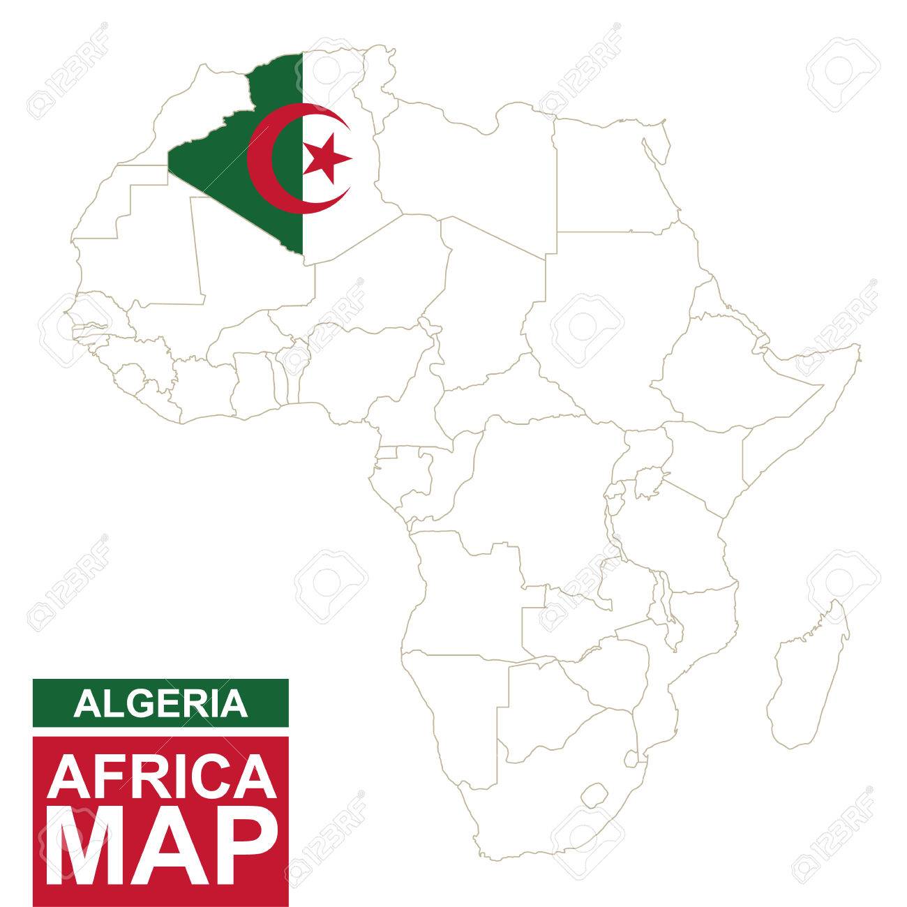 アフリカ強調表示されたアルジェリアで輪郭を描かれた地図 アルジェリア地図とアフリカ マップ上のフラグ ベクトルの図 のイラスト素材 ベクタ Image