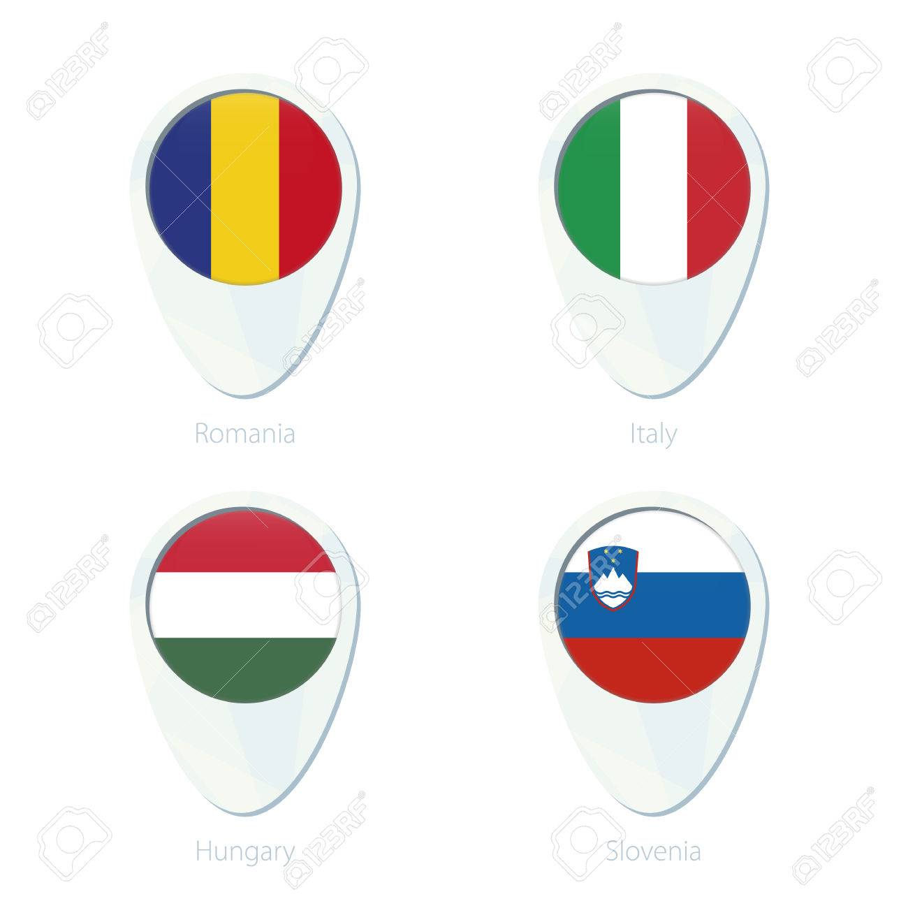 Rumania Italia Hungria Eslovenia Ubicacion Marcador Icono De Mapa De Pines Bandera De Rumania Bandera De Italia Bandera De Hungria Bandera De Eslovenia Ilustracion Del Vector Ilustraciones Vectoriales Clip Art Vectorizado Libre