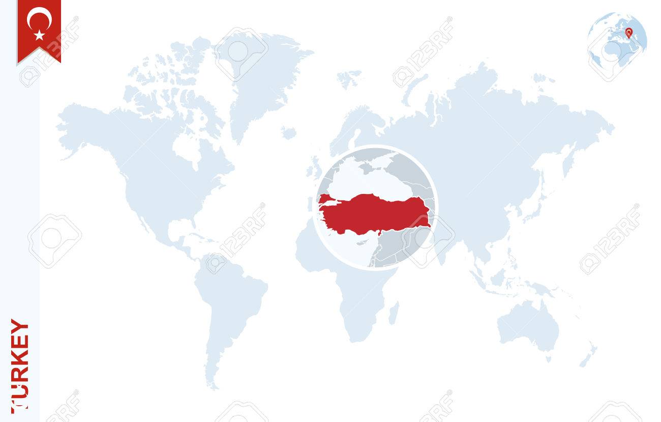 Carte Du Monde Avec Grossissement Sur La Turquie Globe De Terre Bleue Avec Une épingle De Pavillon De Turquie Zoom Sur La Carte De La Turquie