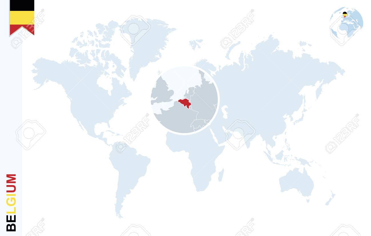 vector world map with magnifying on belgium blue earth globe with belgium flag pin zoom on belgium map vector illustration