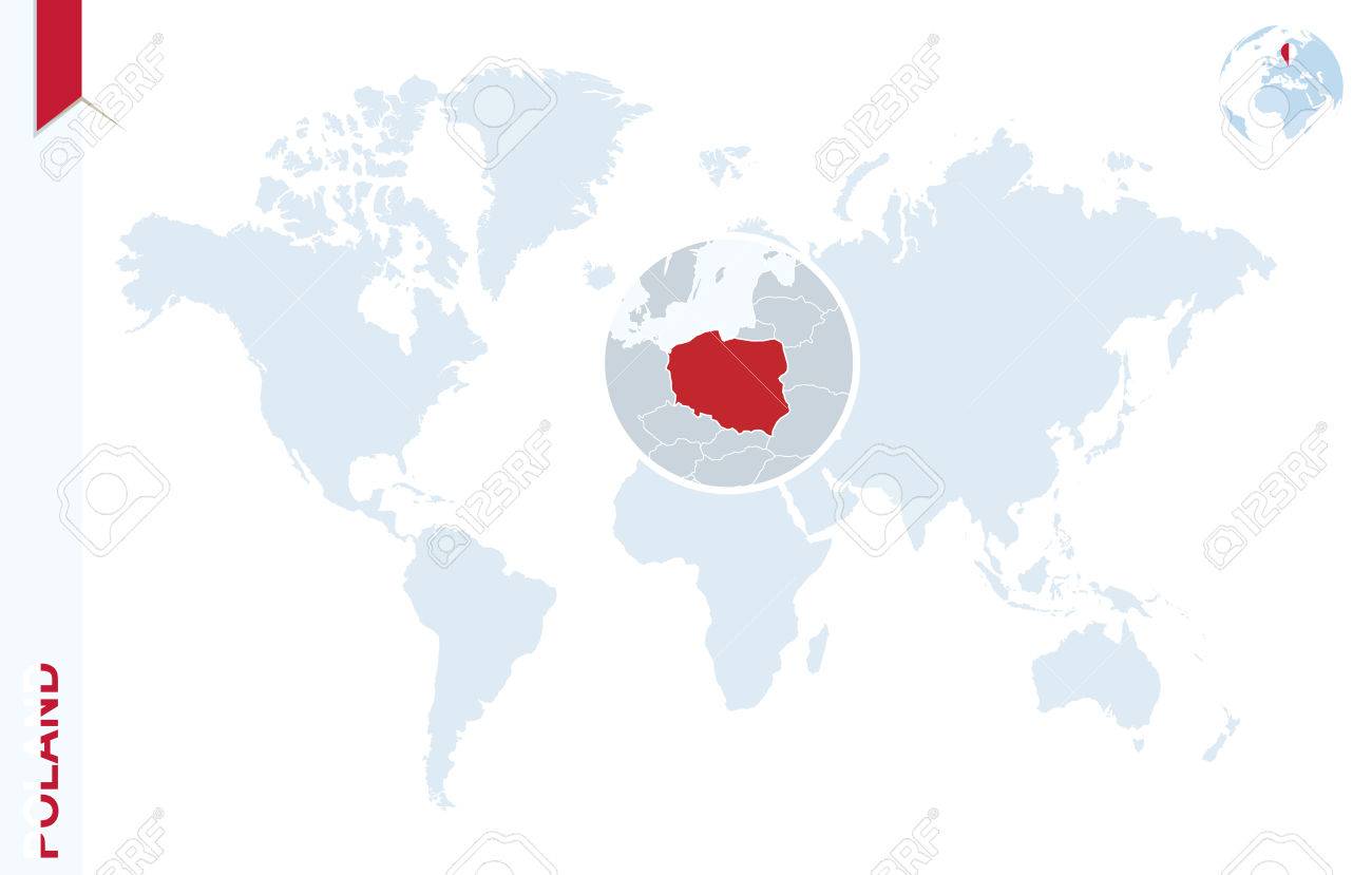 世界地図ポーランドの拡大に ポーランド国旗のピンが付いている青い地球地球 ポーランド地図を拡大できます ベクトル図 のイラスト素材 ベクタ Image