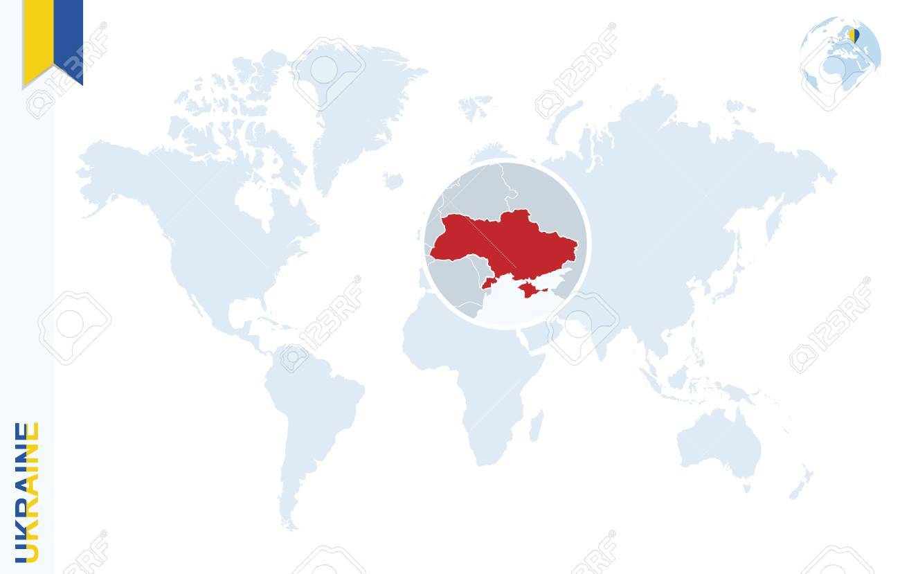 World Map With Magnifying On Ukraine. Blue Earth Globe With ...
