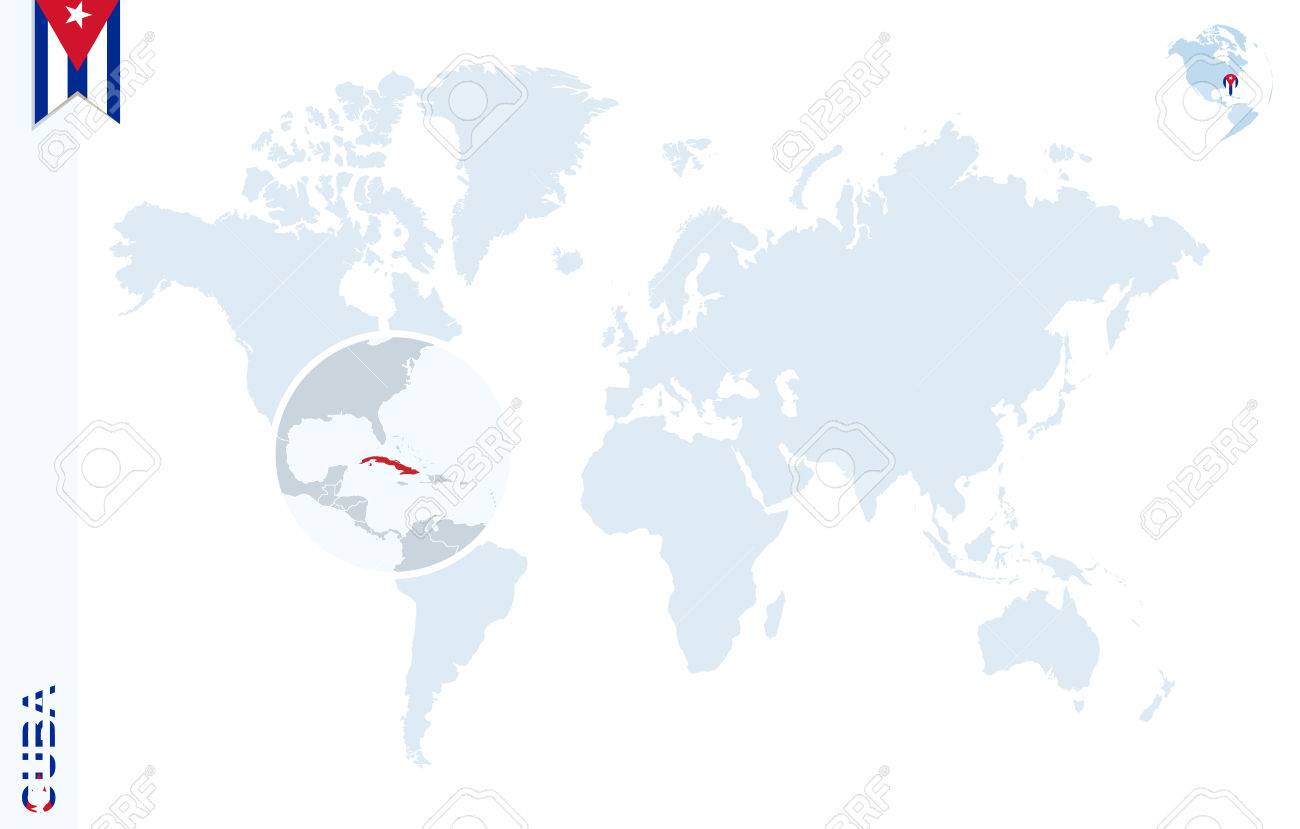 vector world map with magnifying on cuba blue earth globe with cuba flag pin zoom on cuba map vector illustration