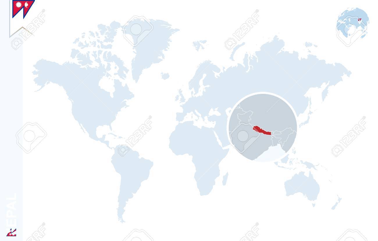 vector world map with magnifying on nepal blue earth globe with nepal flag pin zoom on nepal map vector illustration