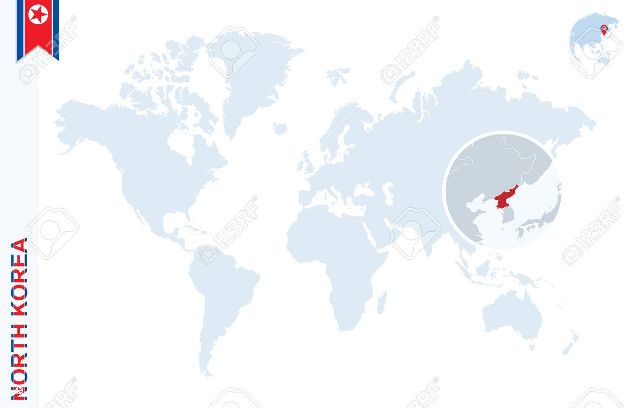 vector world map with magnifying on north korea blue earth globe with north korea flag pin zoom on north korea map vector illustration