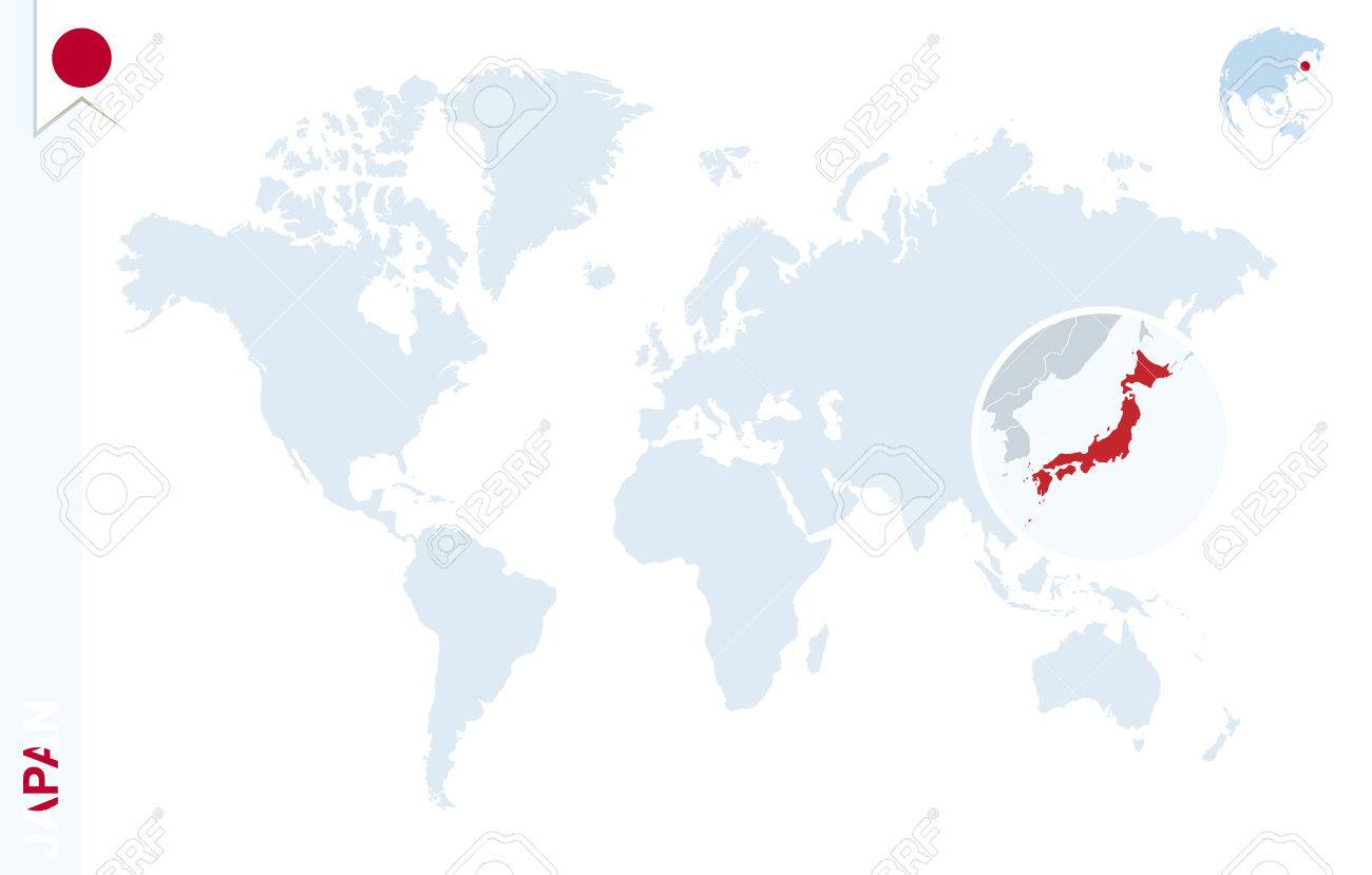 vector world map with magnifying on japan blue earth globe with japan flag pin zoom on japan map vector illustration