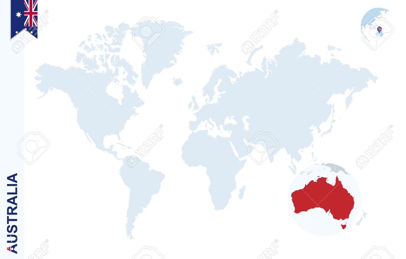 World map with magnifying on Australia. Blue earth globe with Australia flag pin. Zoom on Australia map. Vector Illustration - 59970245 World map with magnifying on Australia. Blue earth globe with Australia flag pin. Zoom on Australia map. Vector Illustration - 59970245