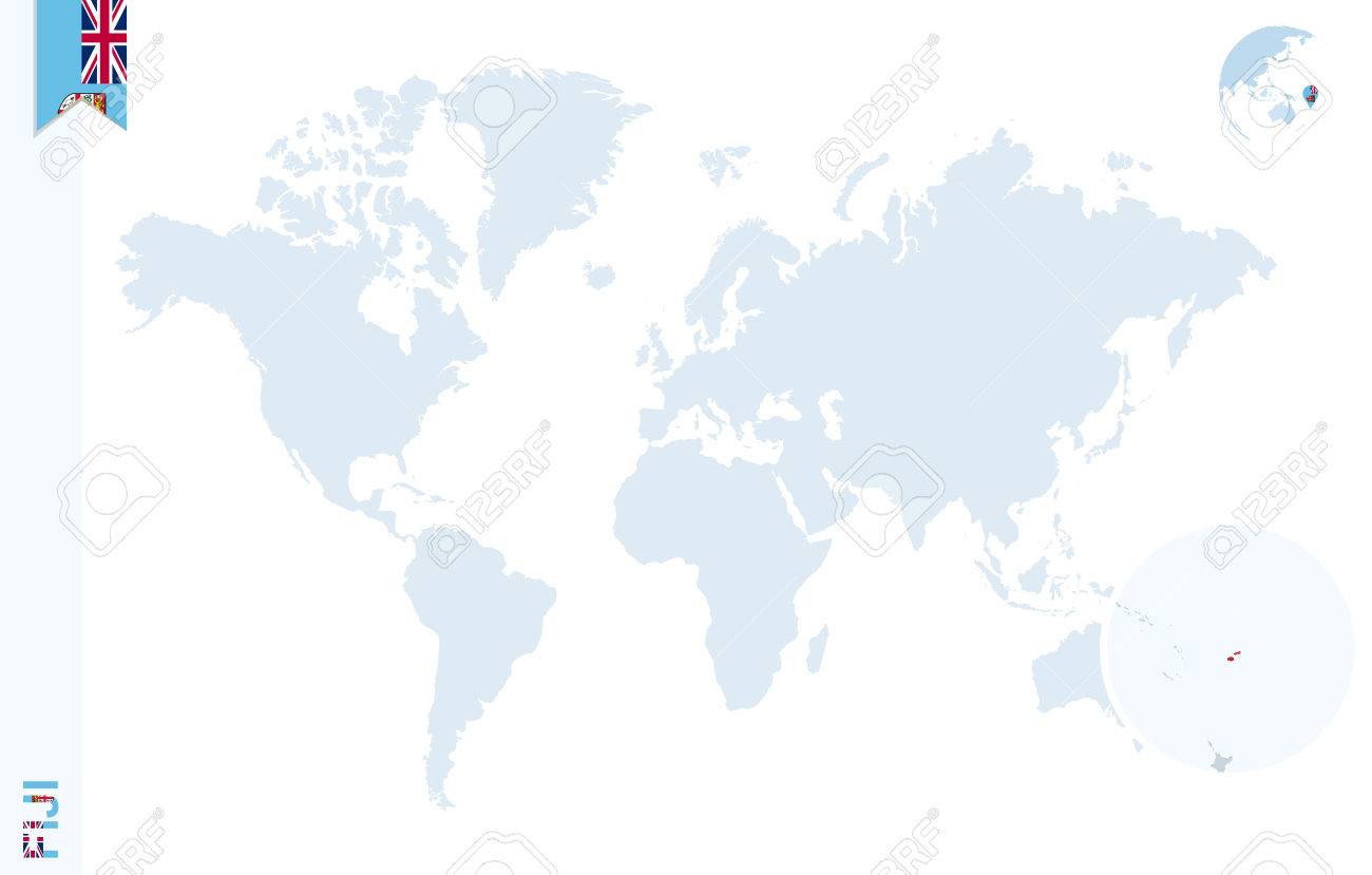 vector world map with magnifying on fiji blue earth globe with fiji flag pin zoom on fiji map vector illustration