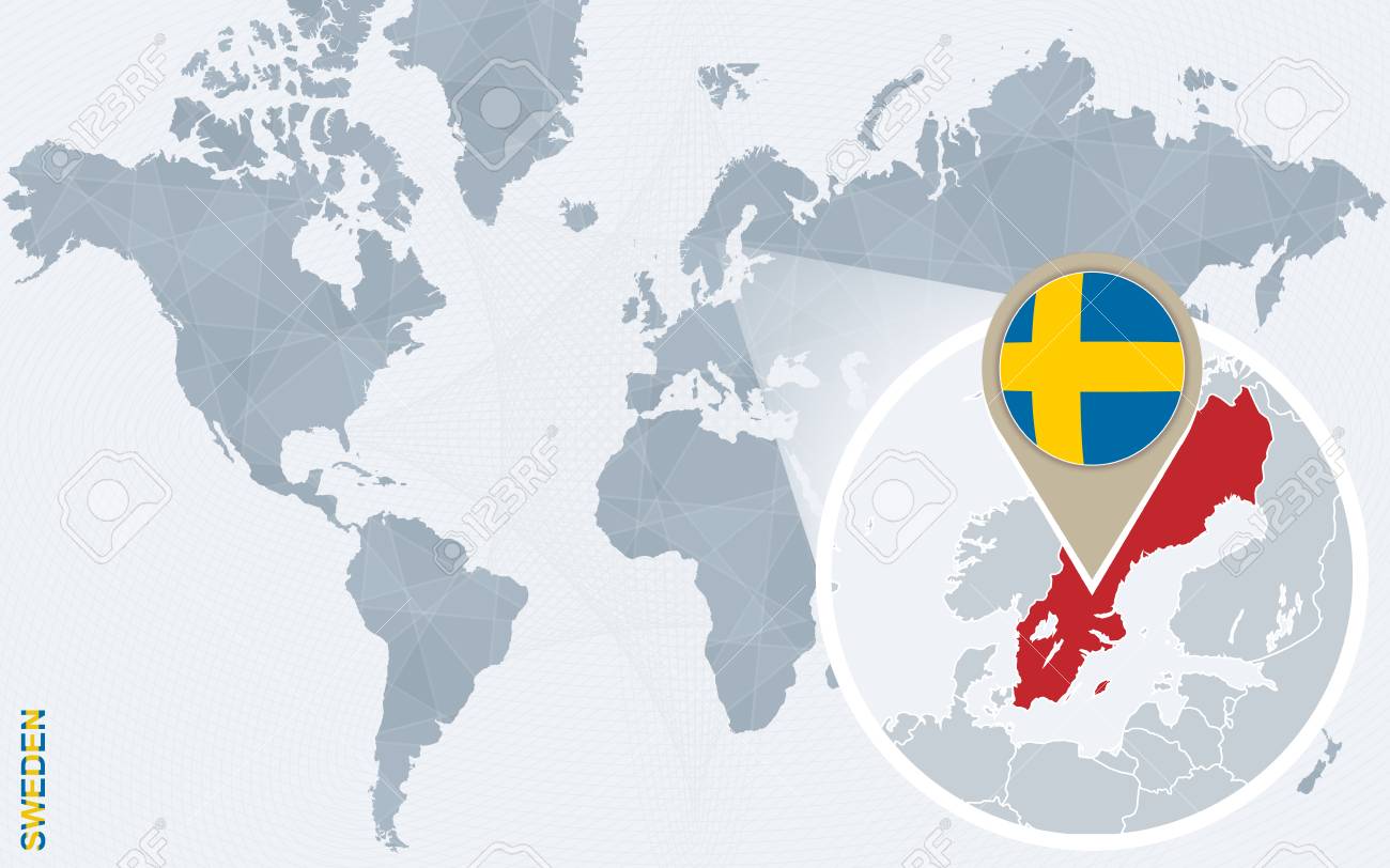 Carte Du Monde Bleu Abstrait Avec La Suède Agrandie Drapeau De La Suède Et Carte Illustration Vectorielle