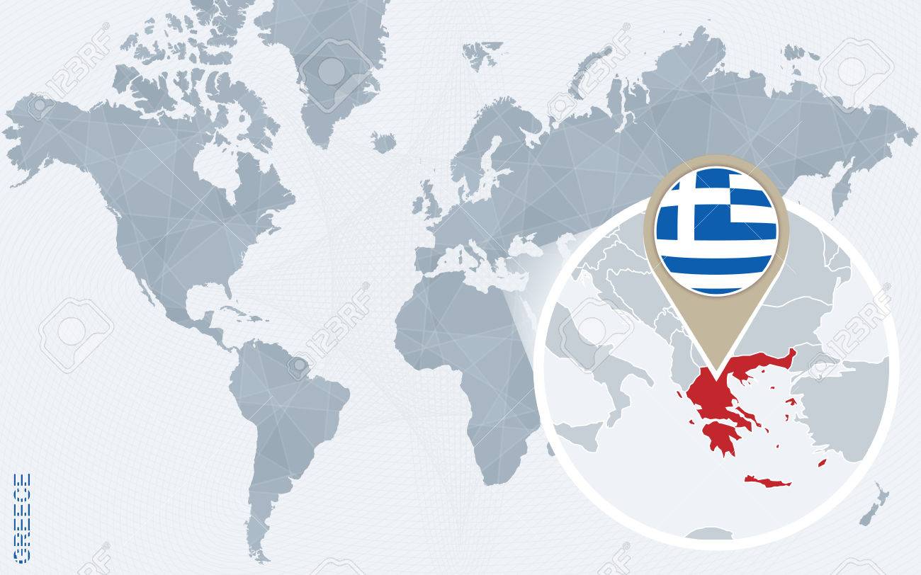 abstract blue world map with magnified greece greece flag and map vector illustration