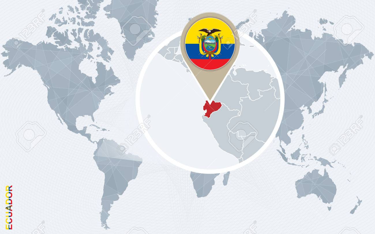 abstract blue world map with magnified ecuador ecuador flag and map vector illustration